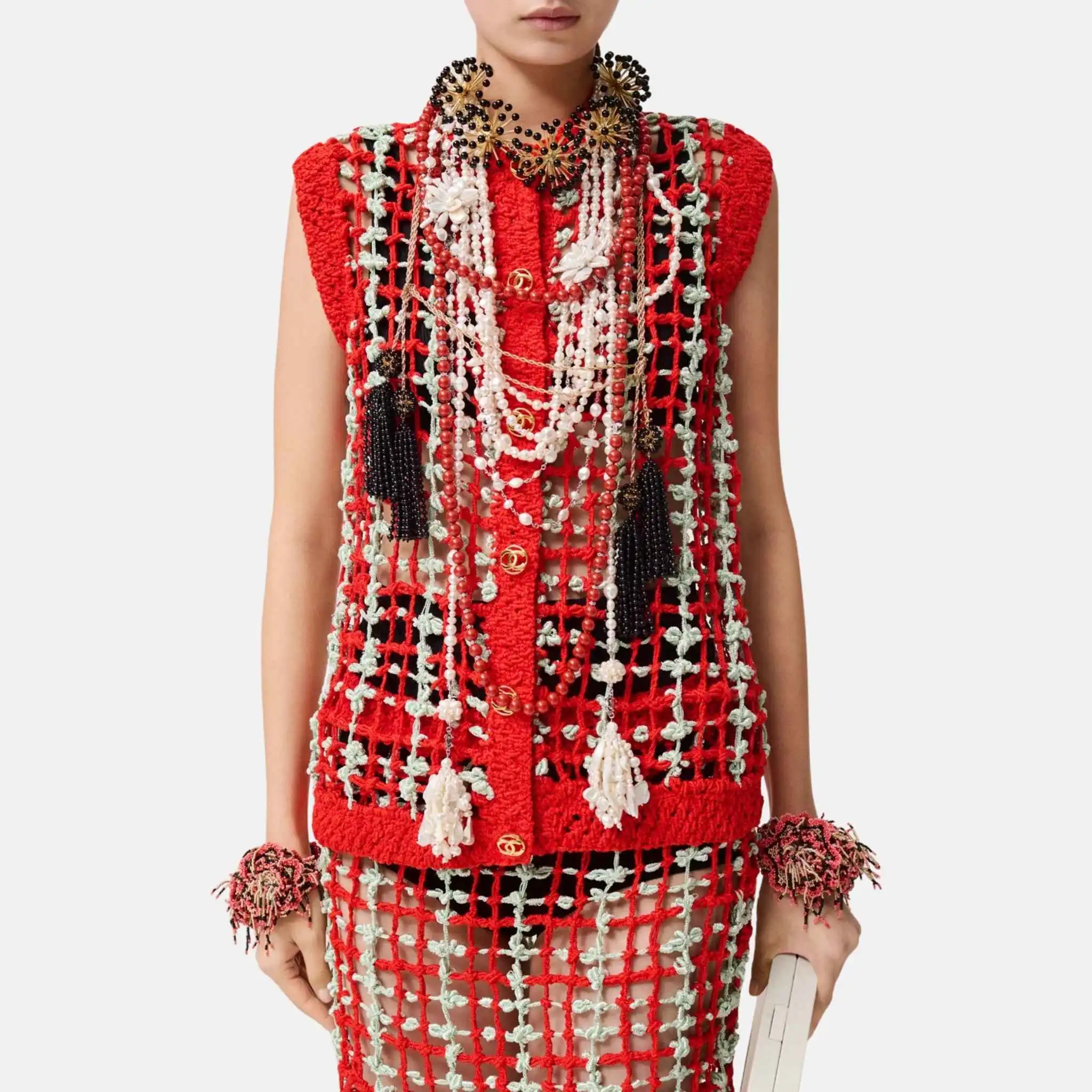 Vest Silk Mixed Fibers Red Aqua Green