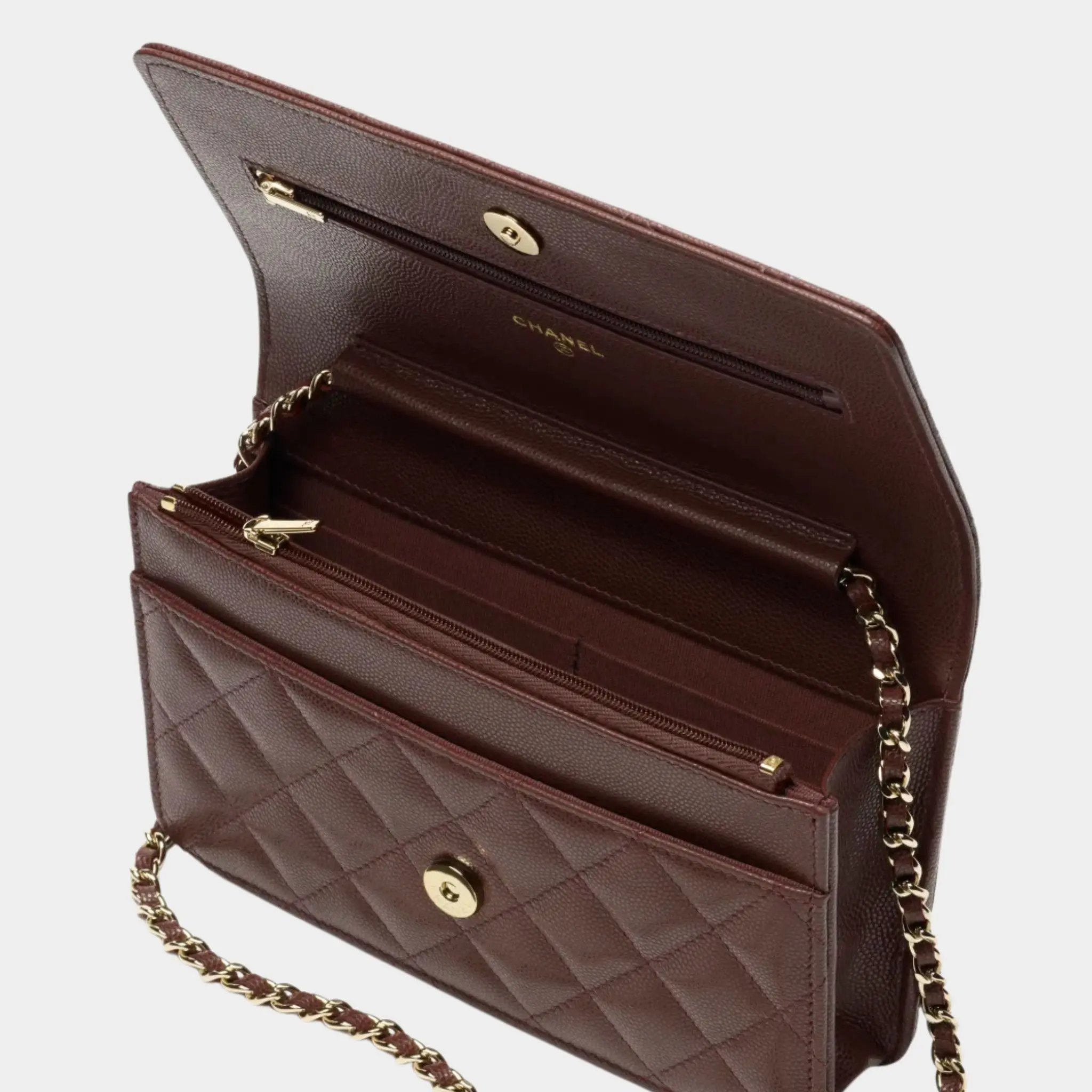 Wallet On chain Shiny Grained Calfskin Rhinestones & Gold Metal Dark Brown - Image 2