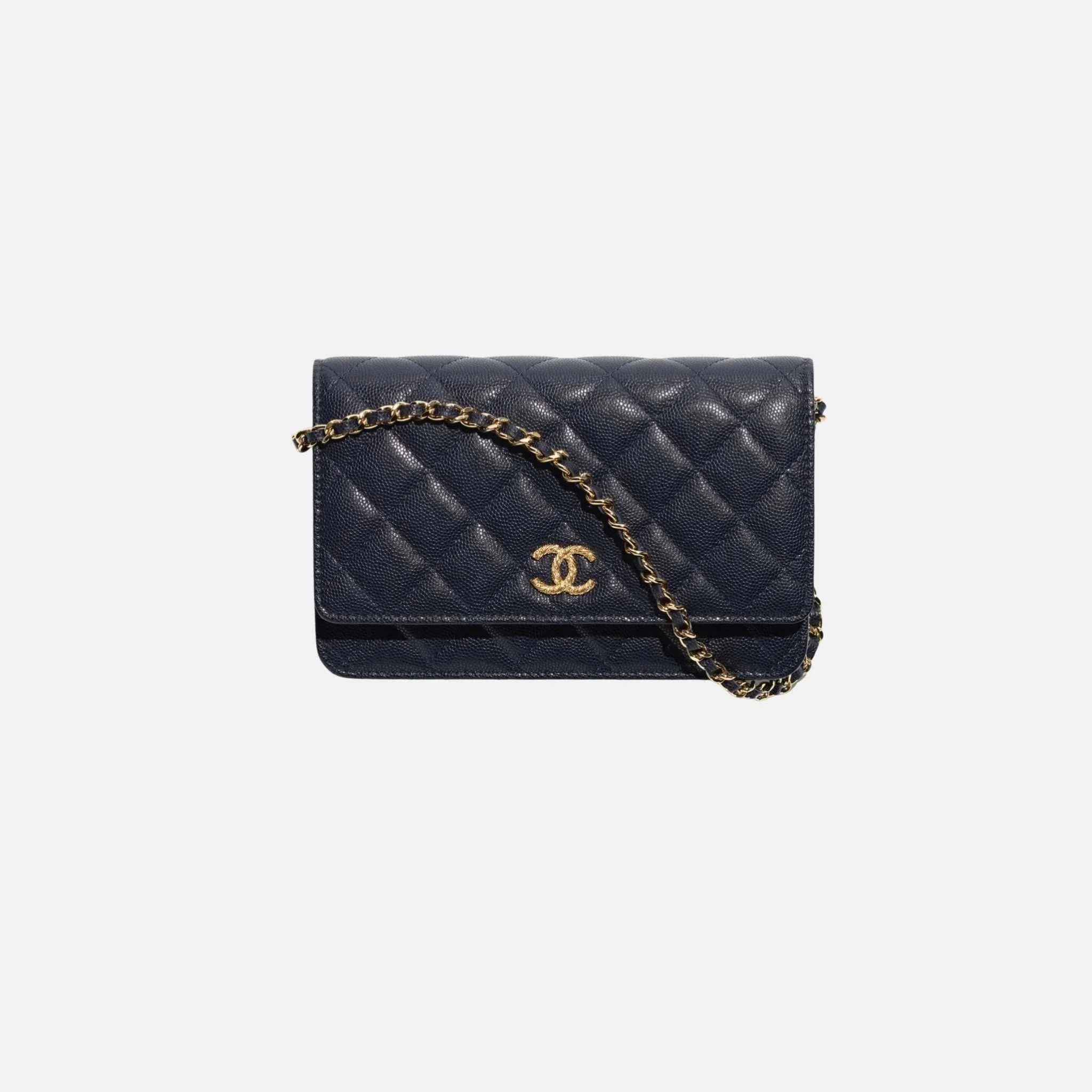 Wallet on Chain in Shiny Grained Calfskin Strass and Gold Tone Metal