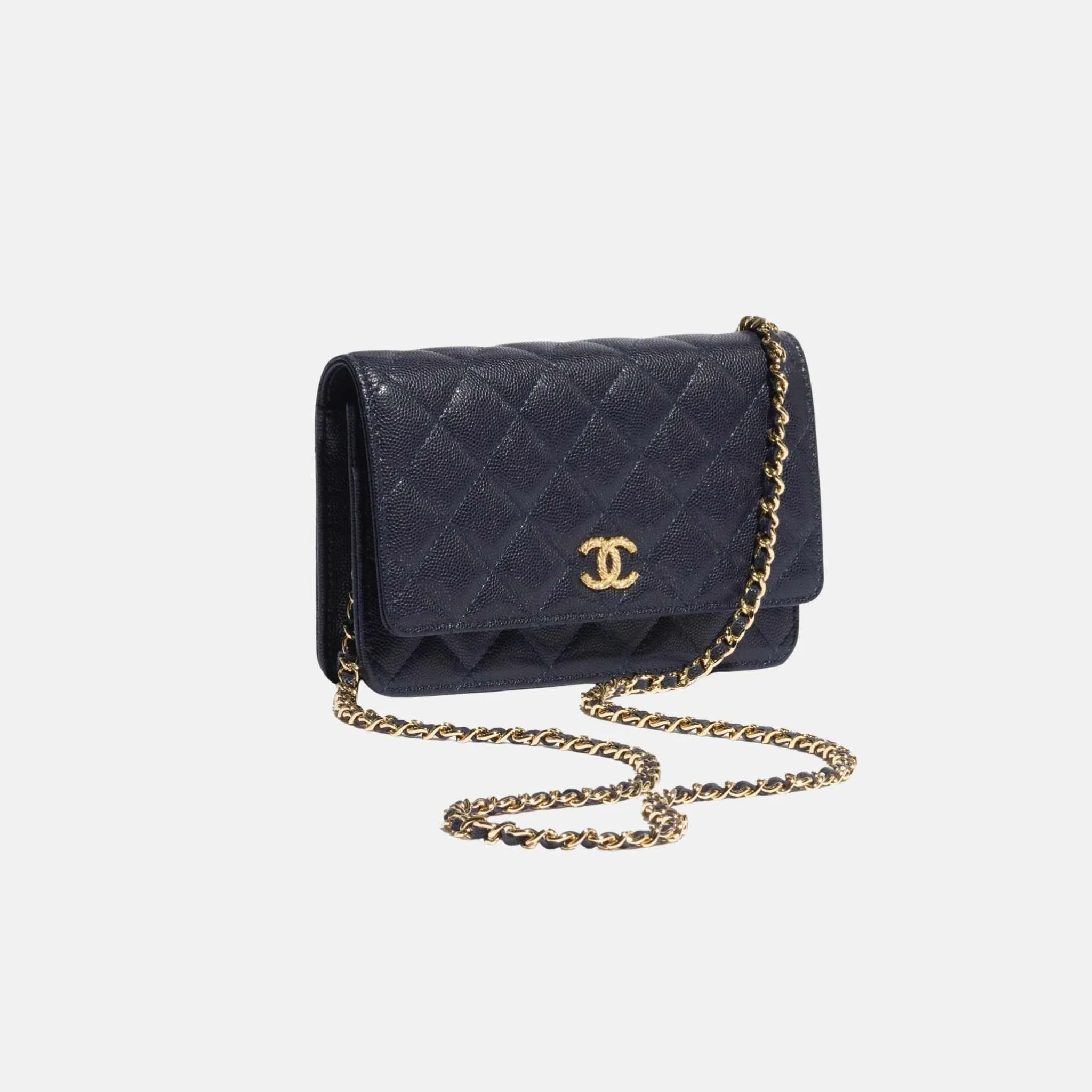 Wallet on Chain in Shiny Grained Calfskin Strass and Gold Tone Metal - Image 2