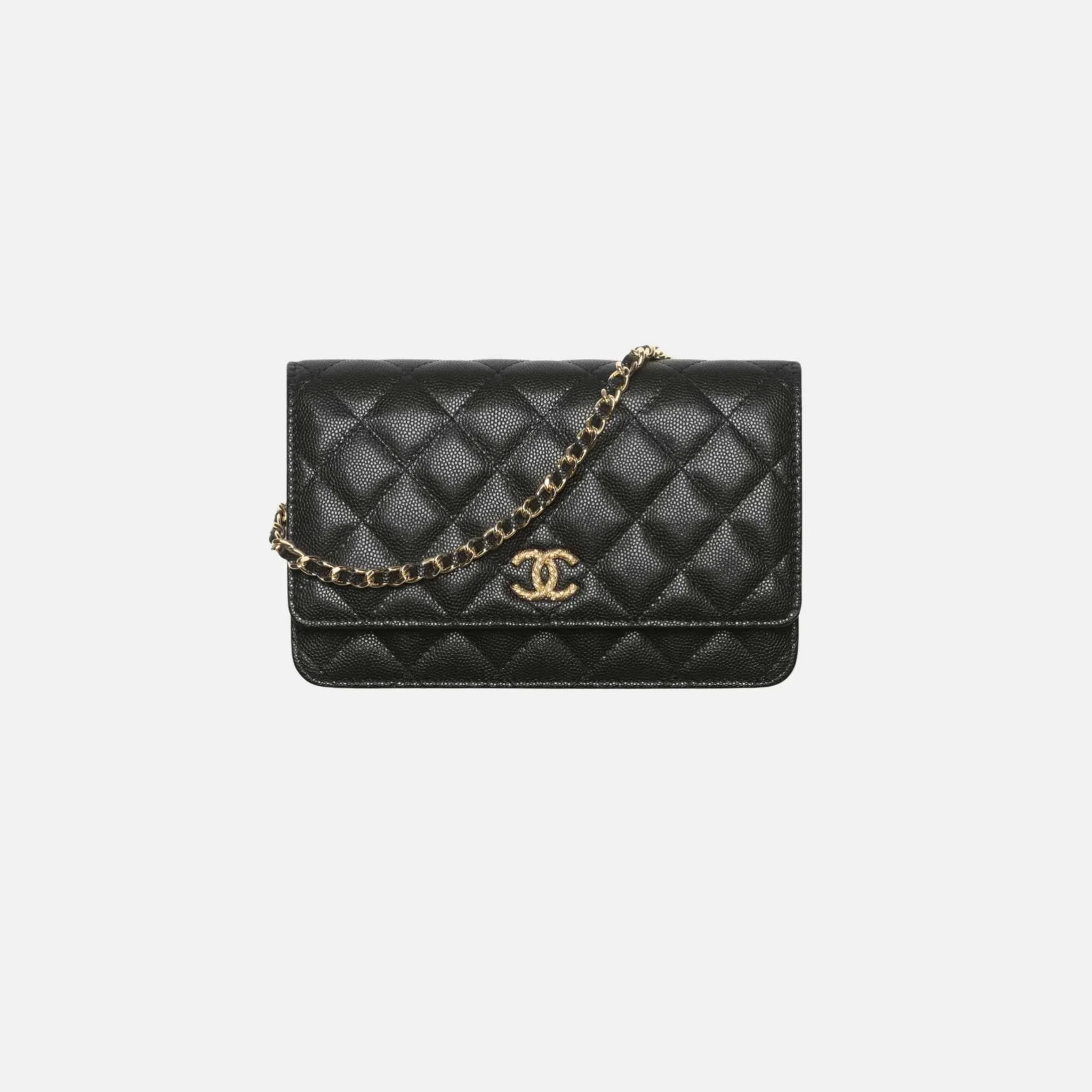 Wallet on Chain in Shiny Grained Calfskin Strass and Gold Tone Metal - Image 6