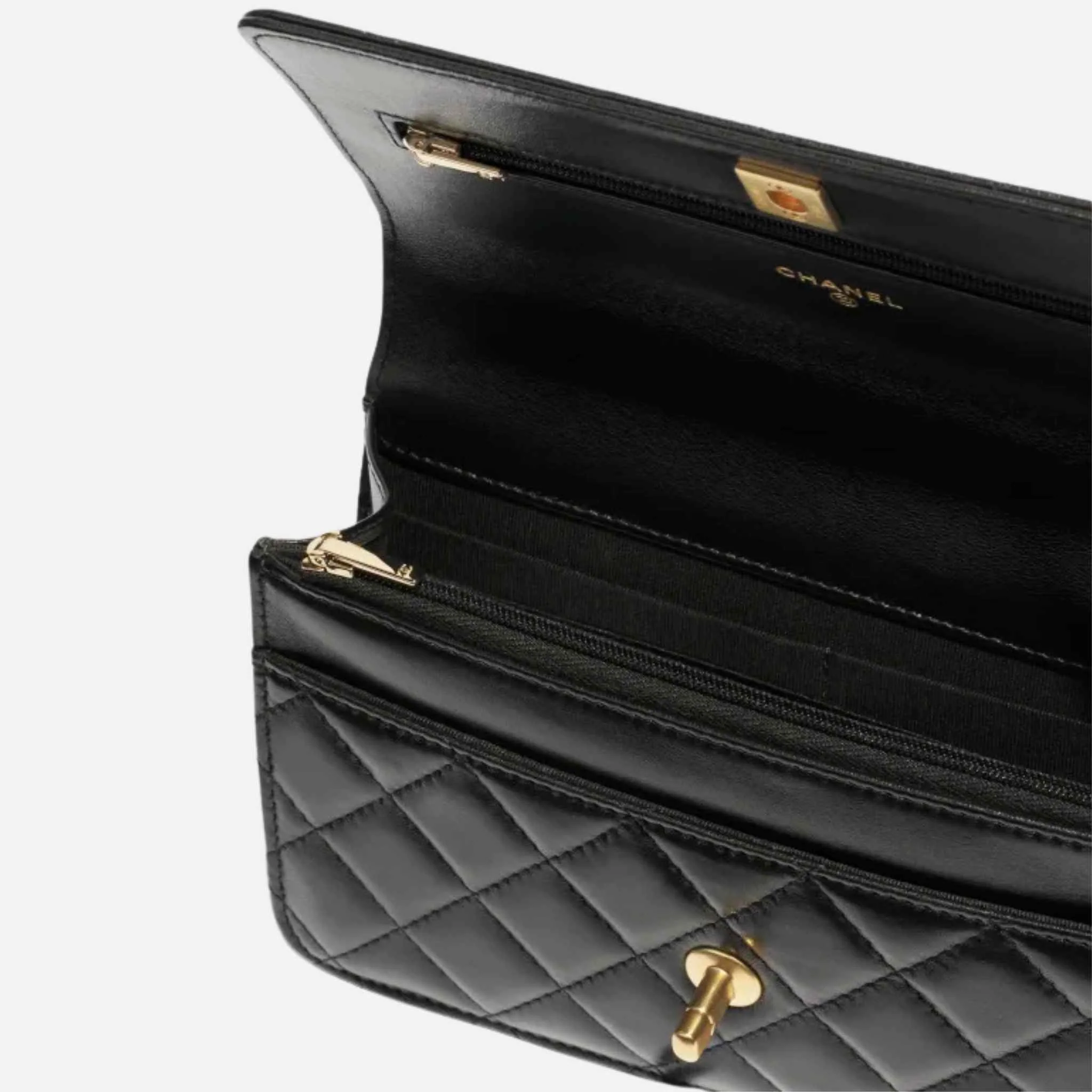Wallet On Chain Shiny Lambskin Pearls Gold Tone Metal Black - Image 2