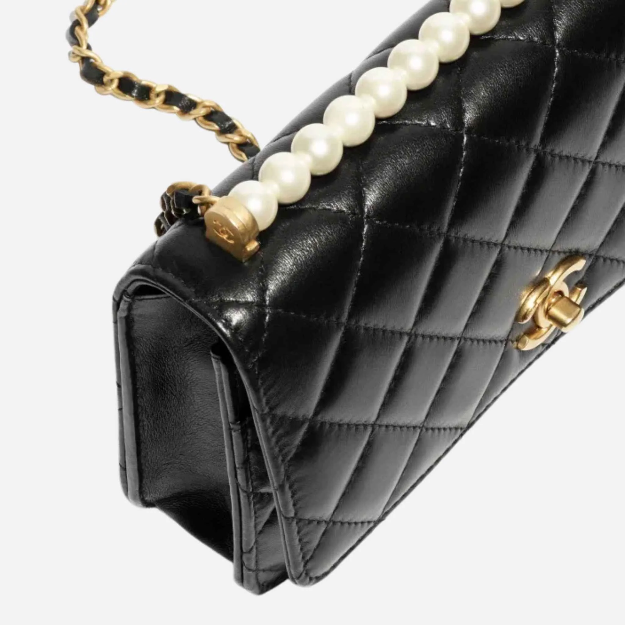 Wallet On Chain Shiny Lambskin Pearls Gold Tone Metal Black - Image 3