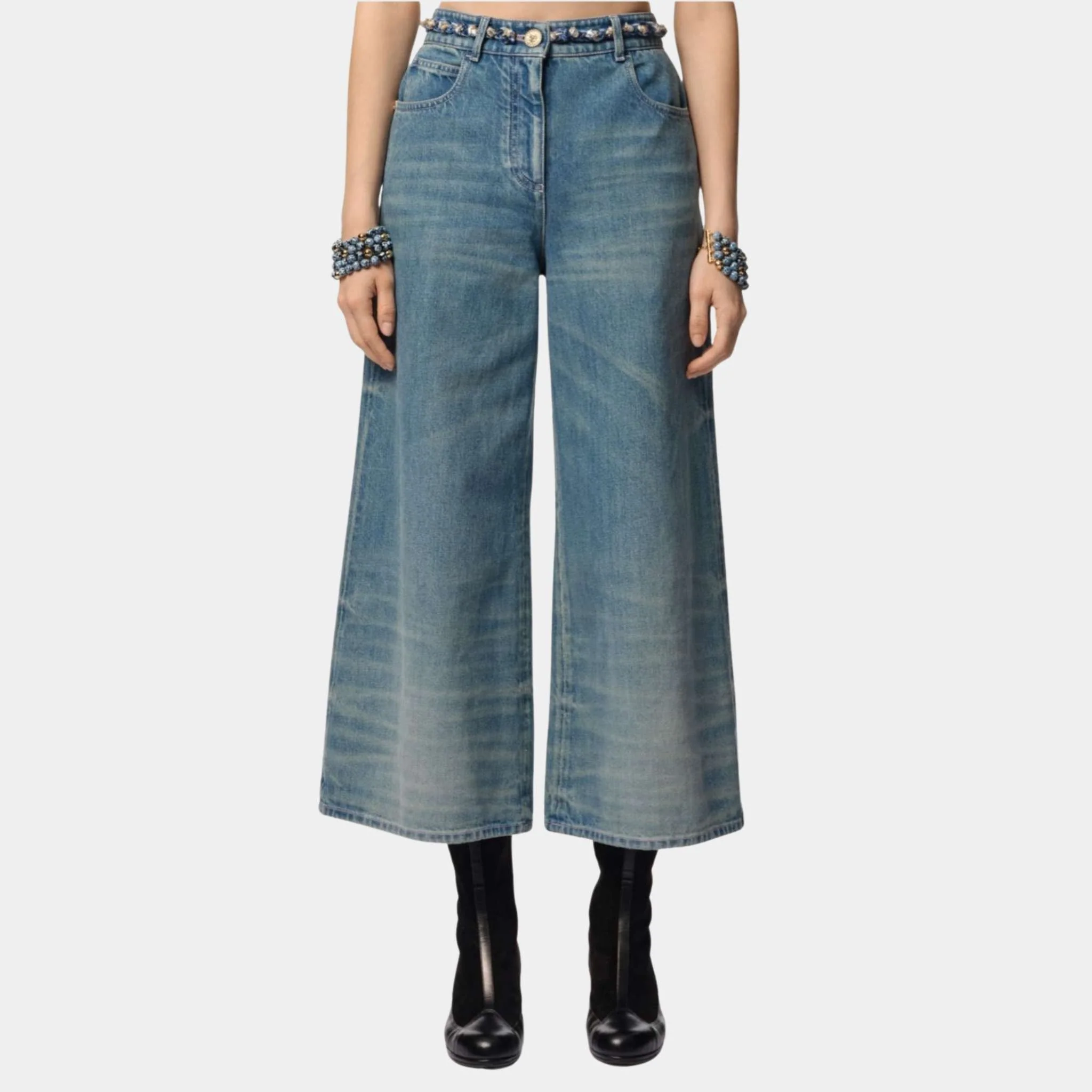 Washed Out Blue Denim Wide-Leg Cropped Jeans