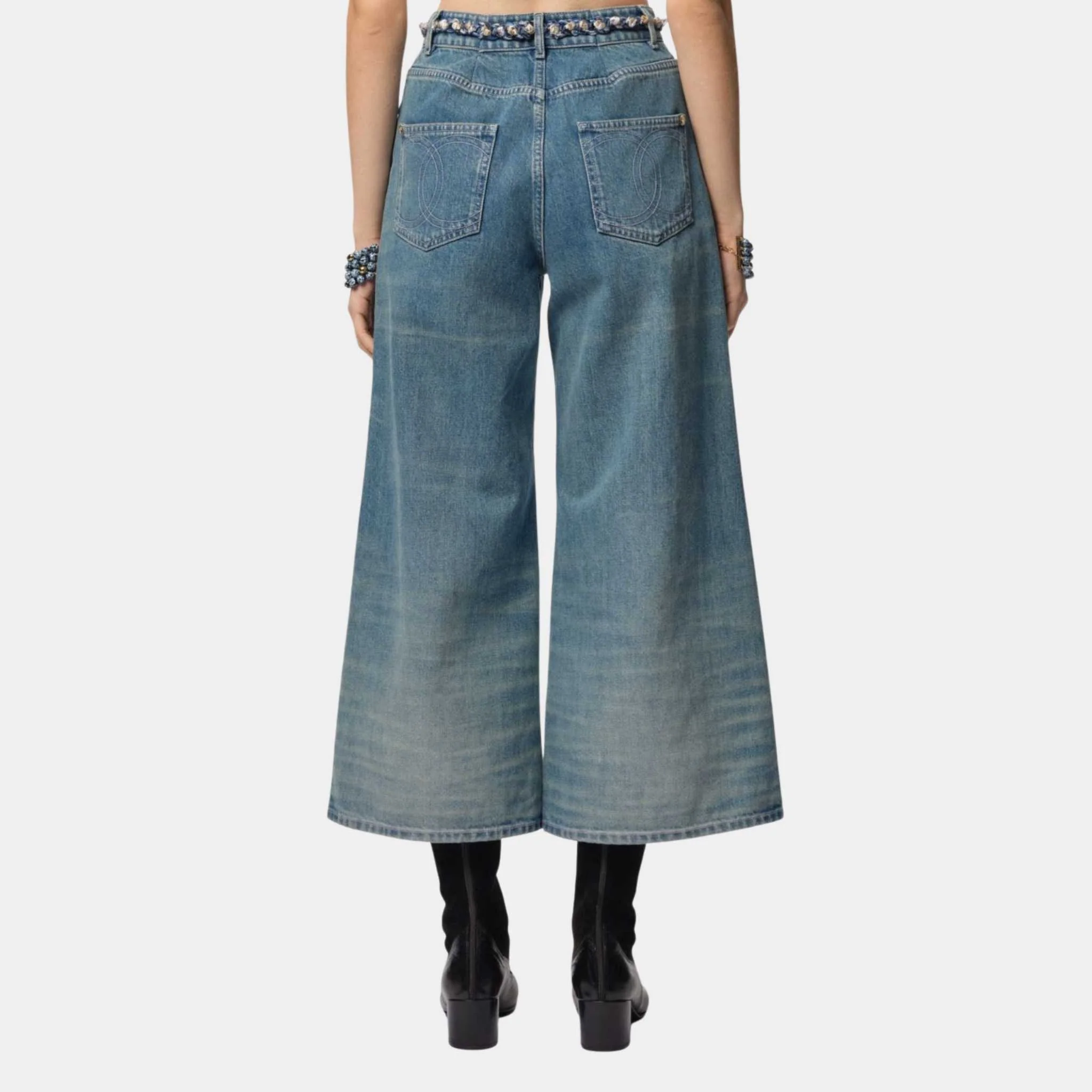 Washed Out Blue Denim Wide-Leg Cropped Jeans - Image 2