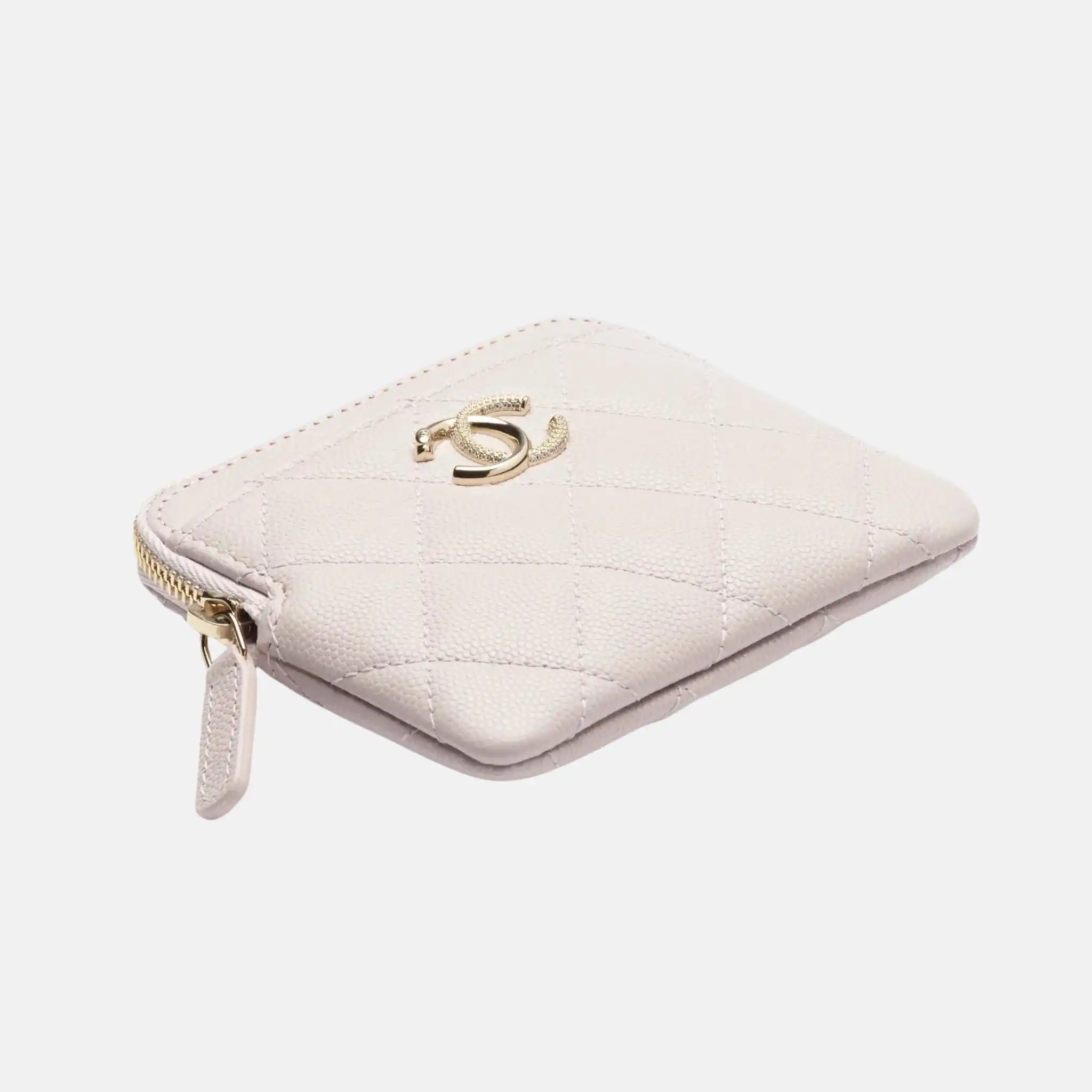 Zipped Coin Purse Shiny Grained Calfskin Strass Gold Tone Metal