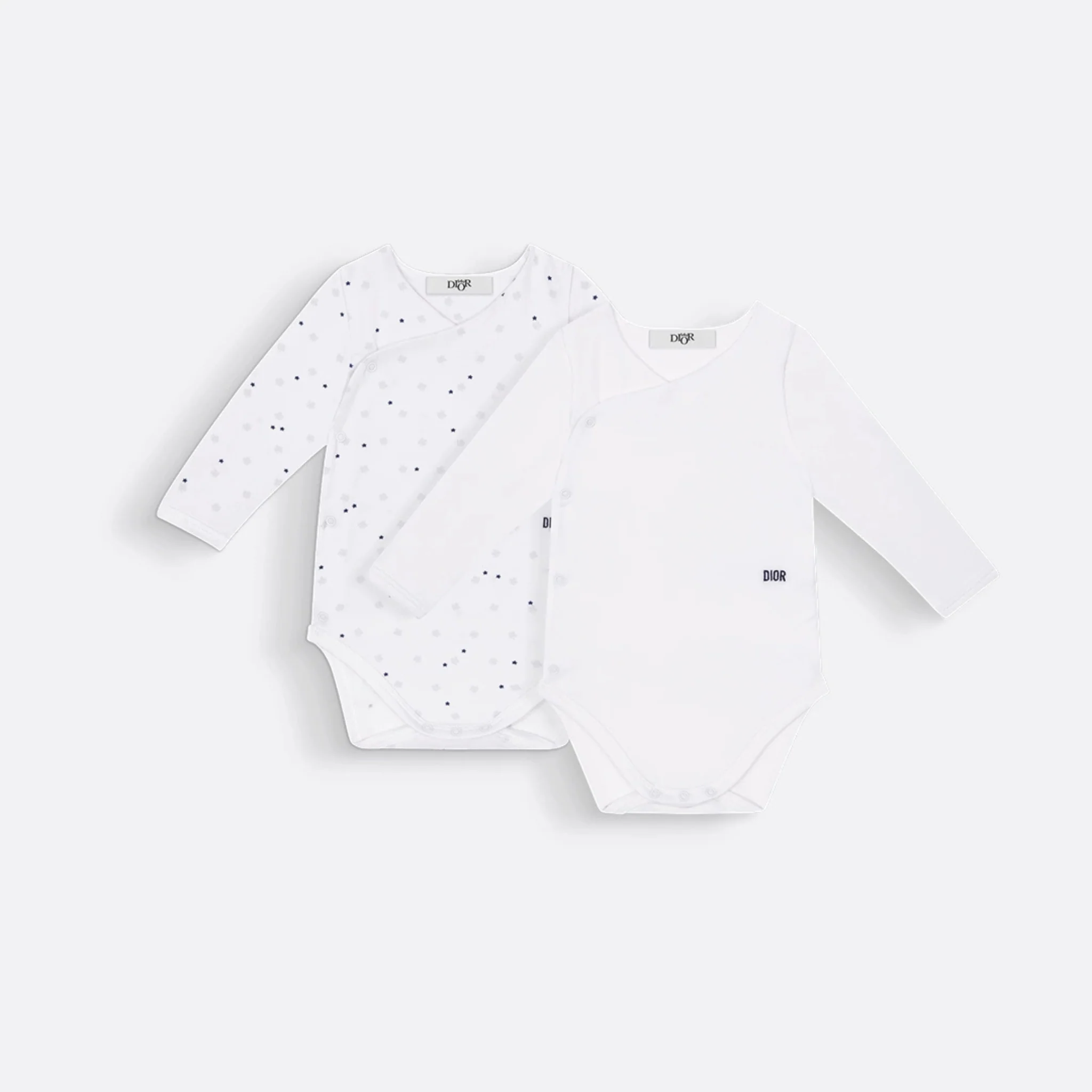 Gift Set with Two Long-Sleeved Bodysuits Ivory Cotton Jersey with Pale Green and Blue Clover and Star Motif