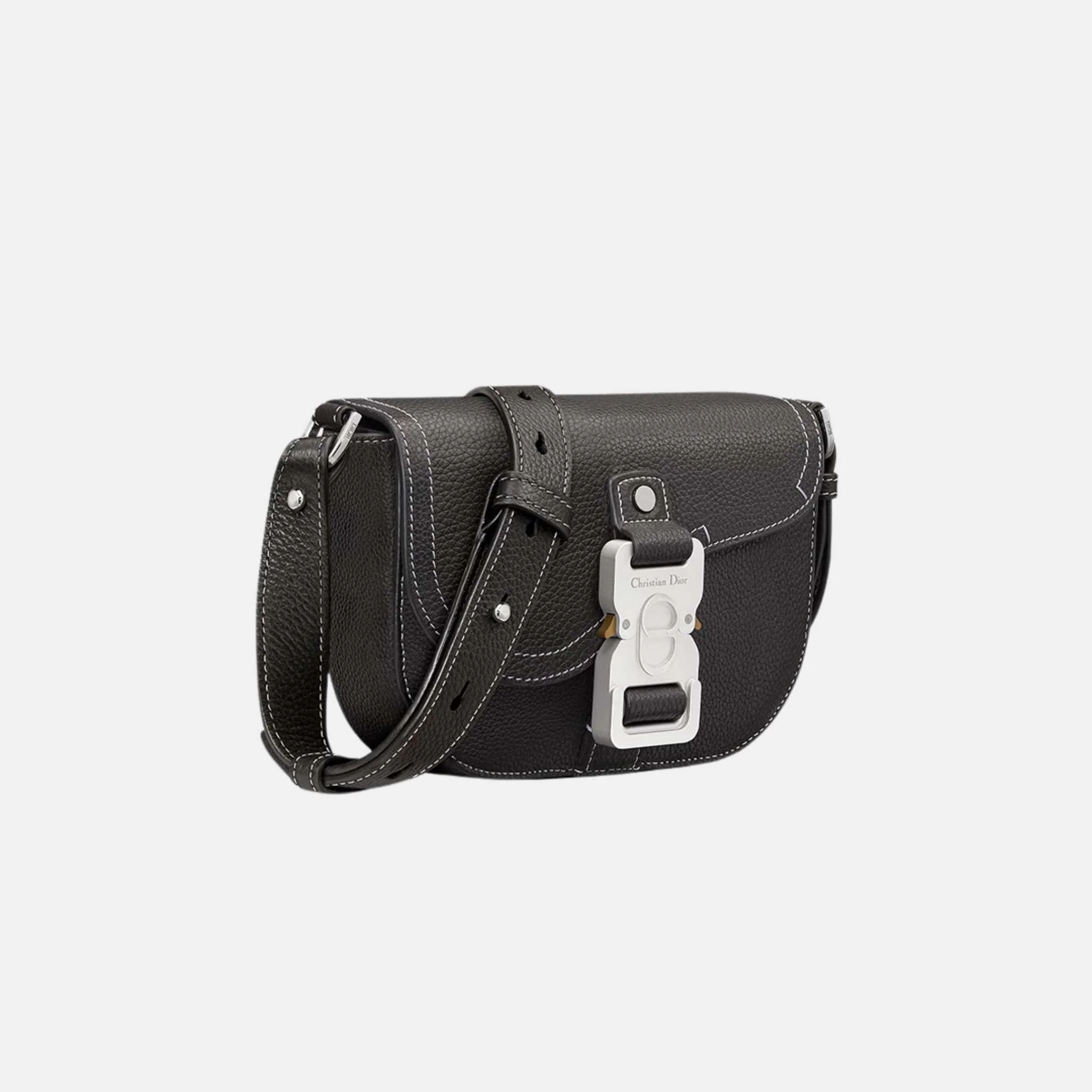 Mini Saddle Messenger Bag With Flap In Black Grained Calfskin - Image 3