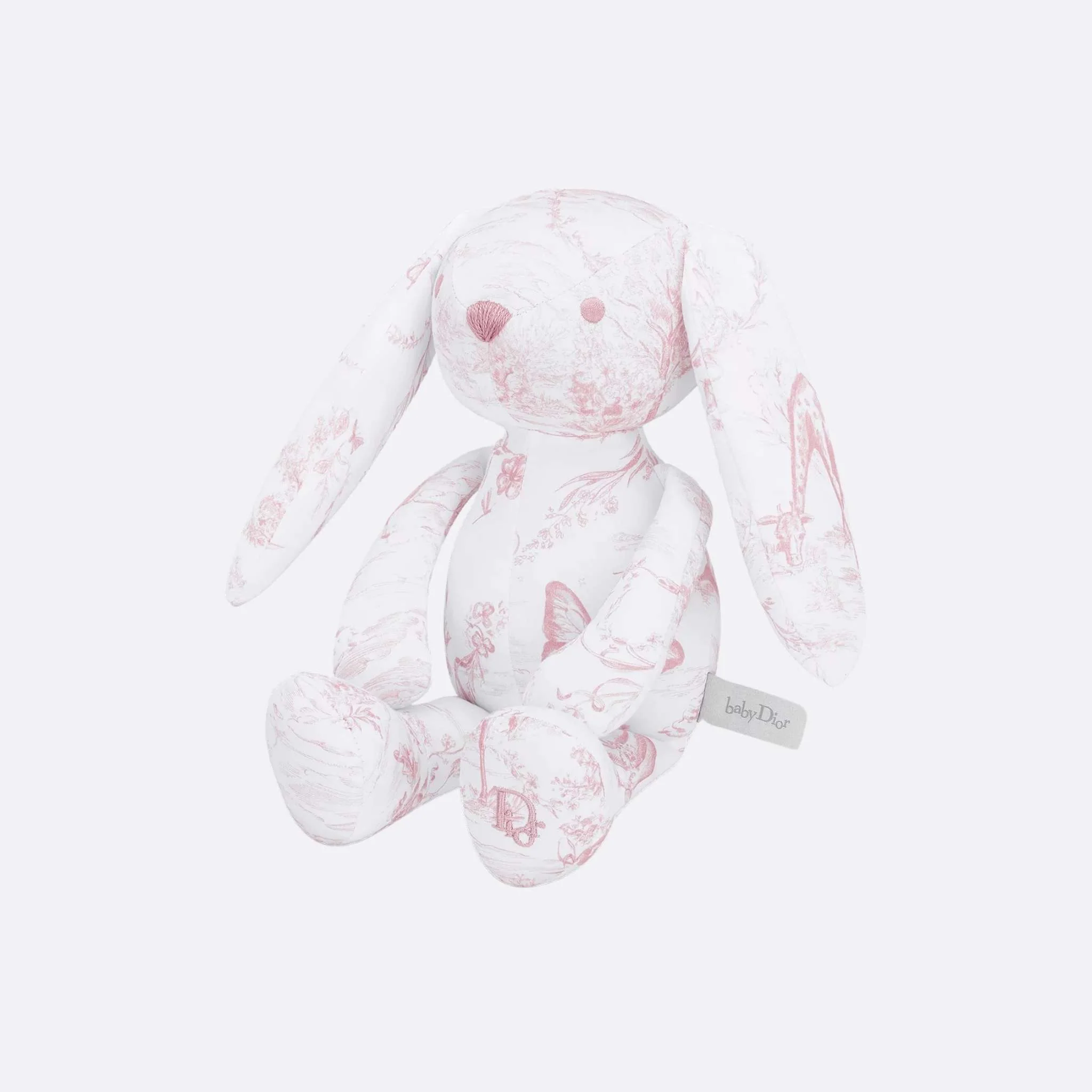 Rabbit Stuffed Toy White Cotton Satin with Toile de Jouy Print - Image 5
