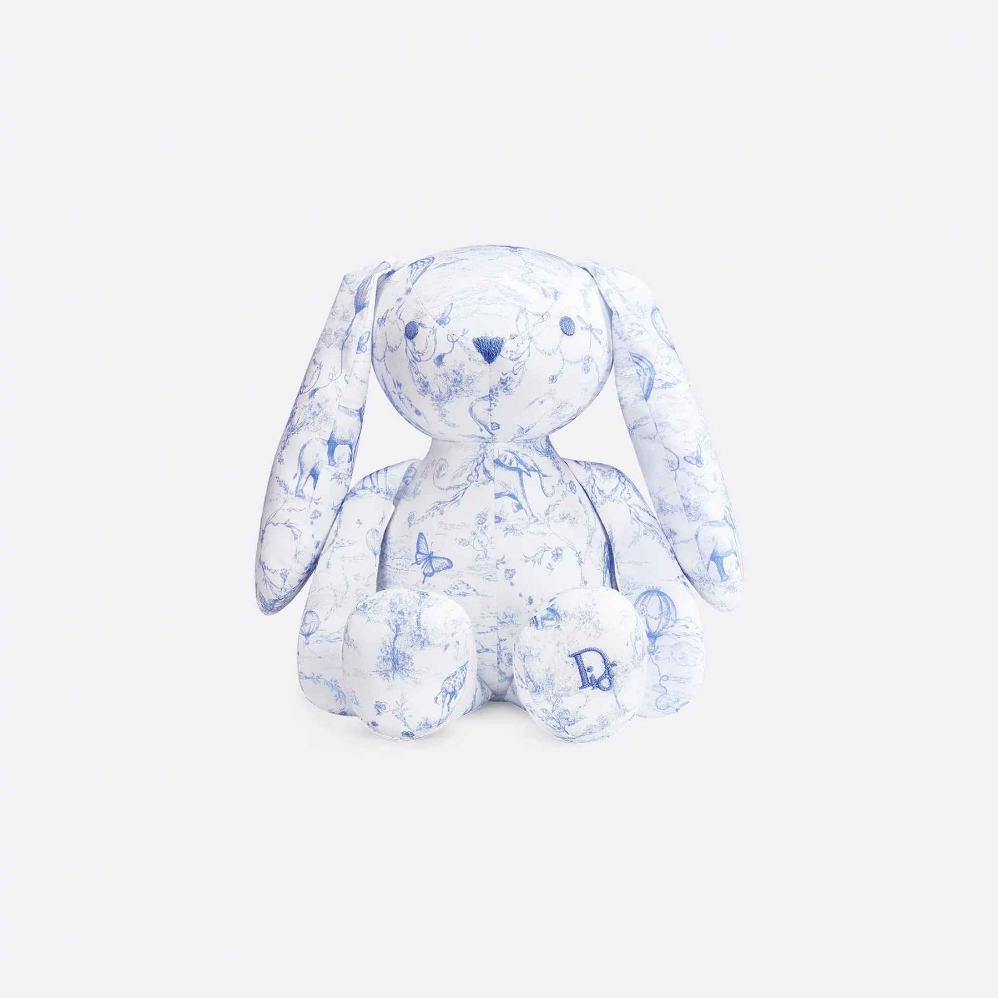 Rabbit Stuffed Toy White Cotton Satin with Toile de Jouy Print - Image 7