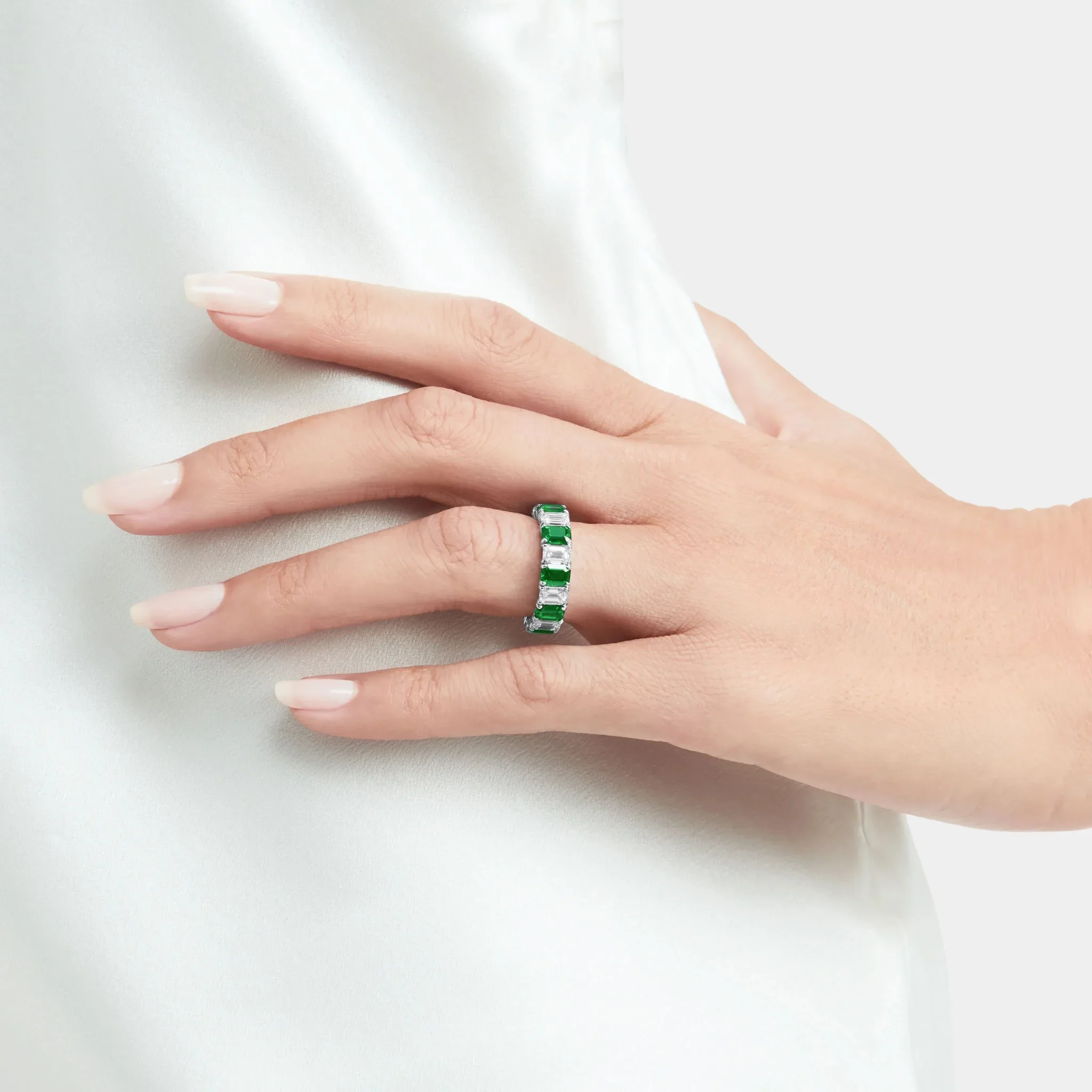 Classic Graff Emerald Cut Emerald and Diamond Wedding Band - Image 2
