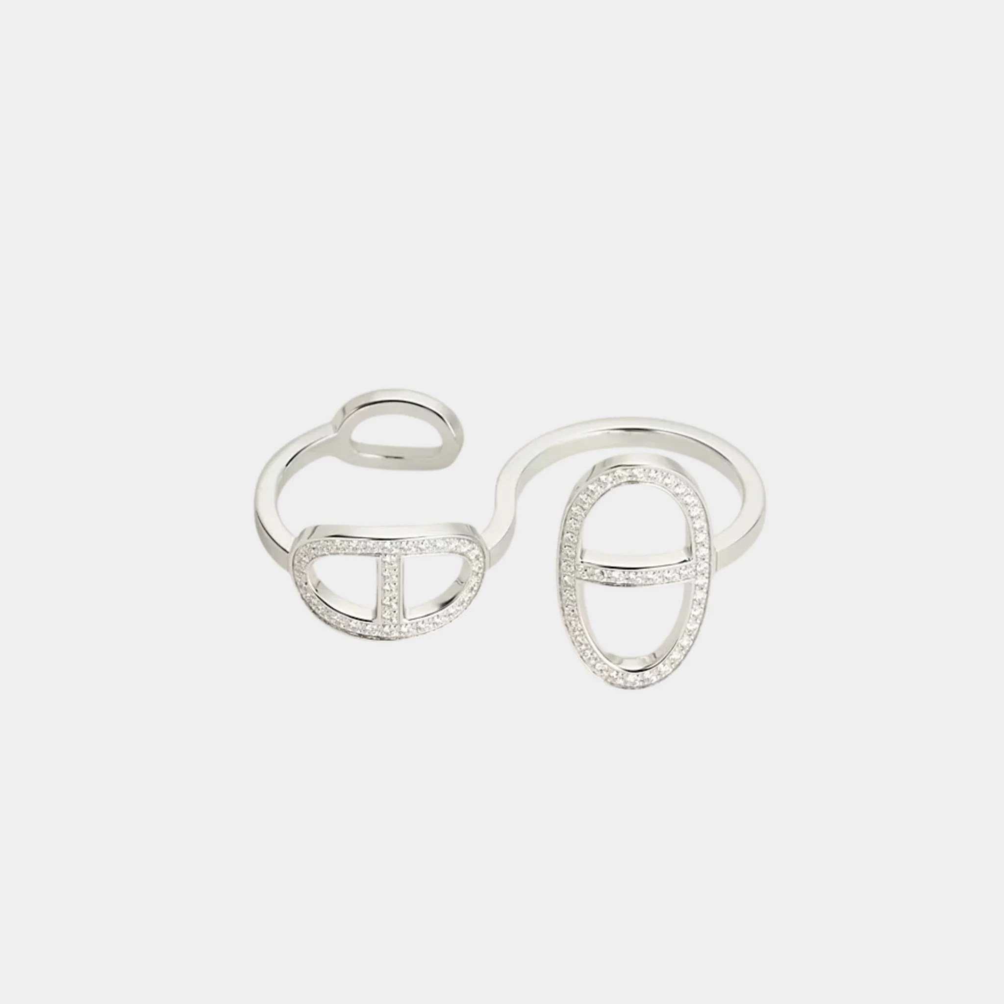 Double Anchor Chain Contour Ring White Gold Diamonds
