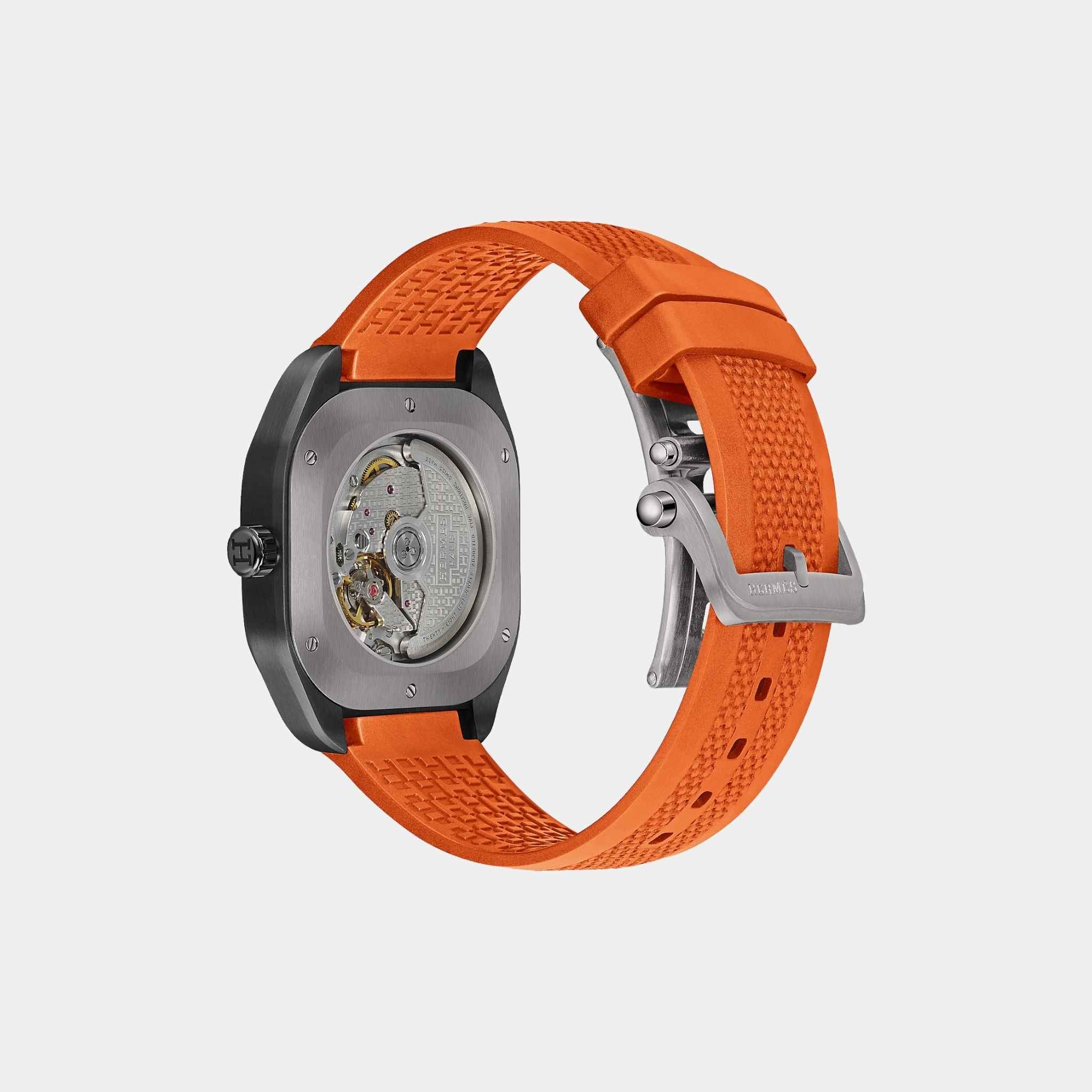 H08 Matte Black Satin-Finish Titanium Watch With Orange Rubber Strap - Image 3