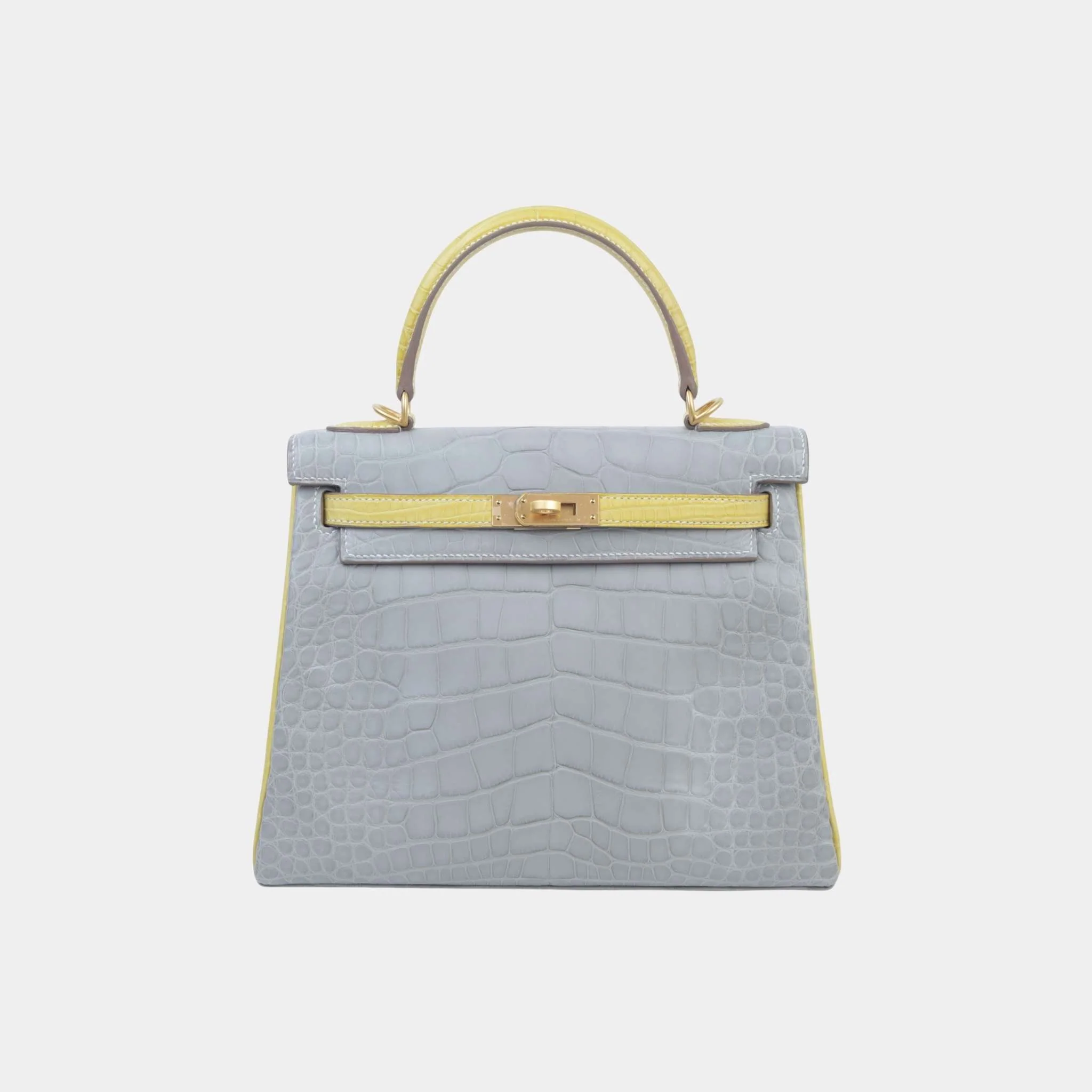 Kelly 25 Matte Alligator Gris Perle/Jaune Citron GHW