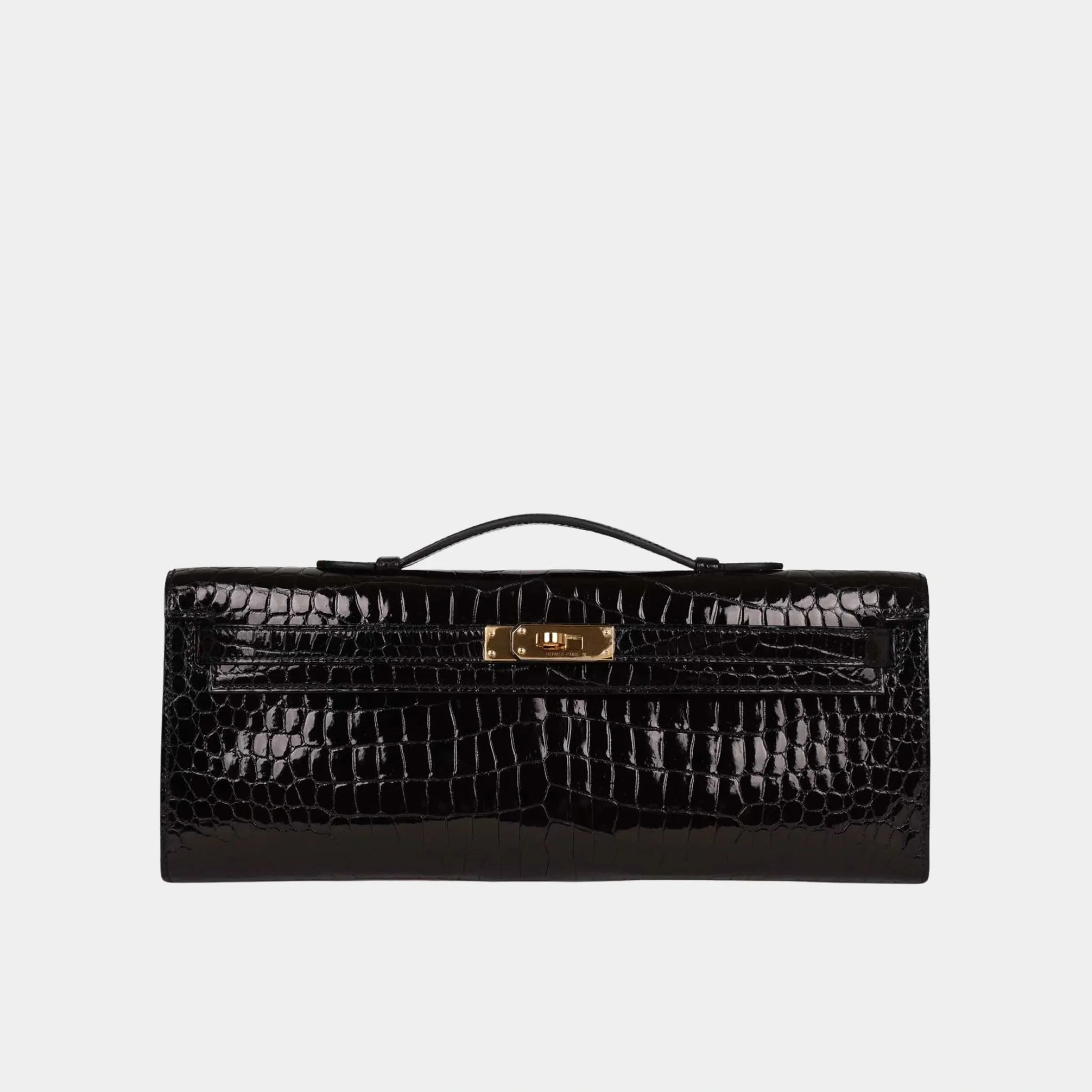 Kelly Cut Clutch Shiny Porosus Crocodile Black GHW