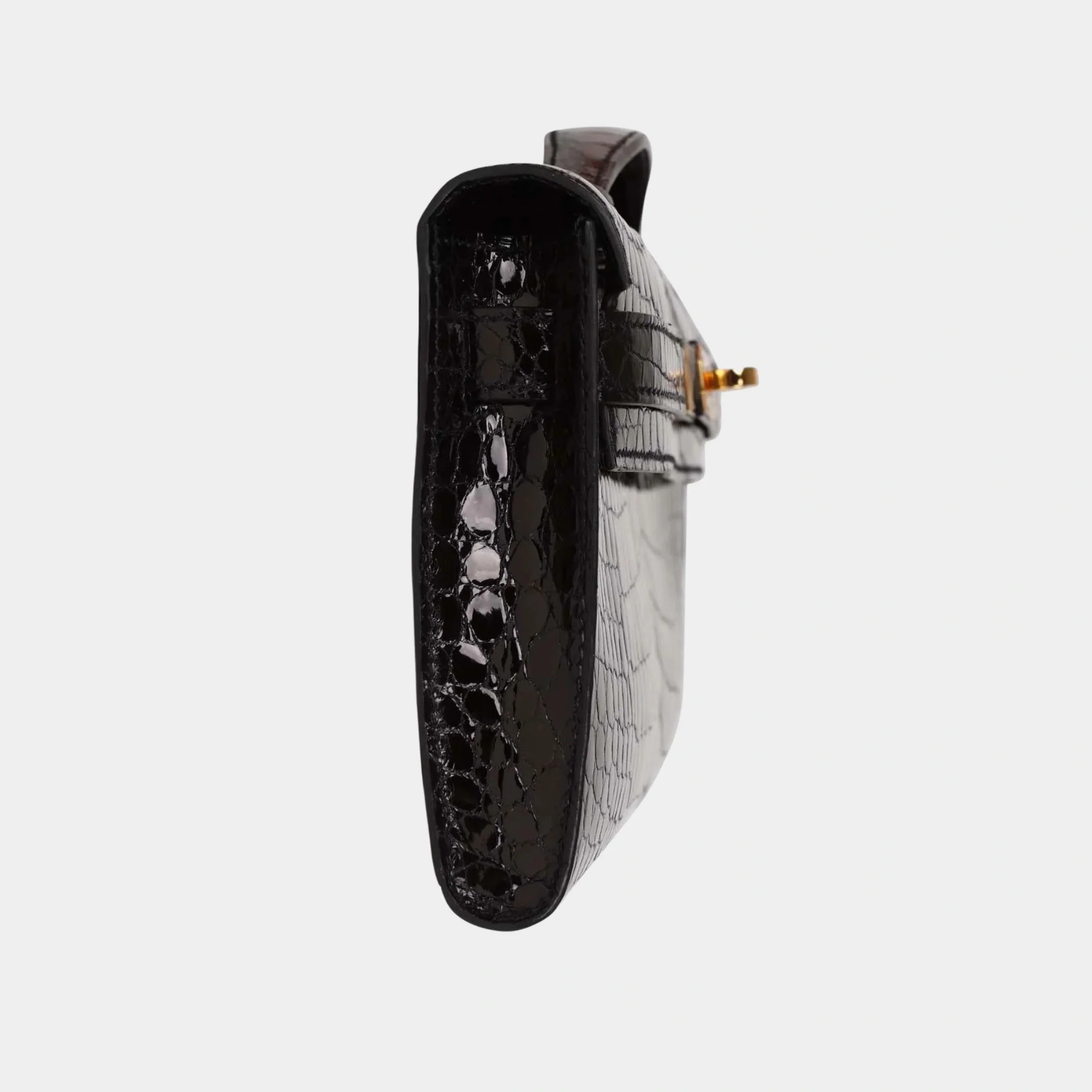 Kelly Cut Clutch Shiny Porosus Crocodile Black GHW - Image 3