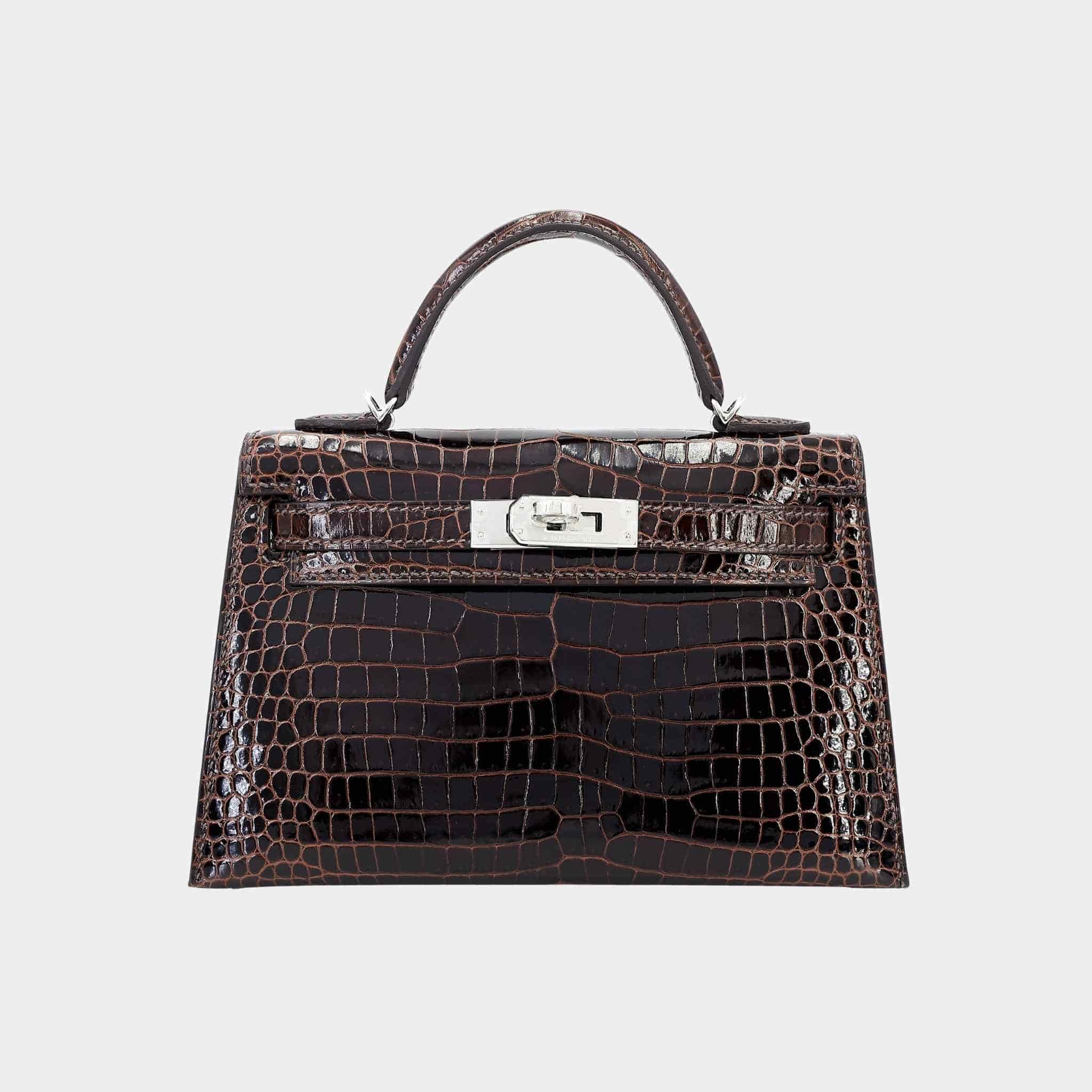 Mini Kelly II Shiny Porosus Crocodile Havane PHW
