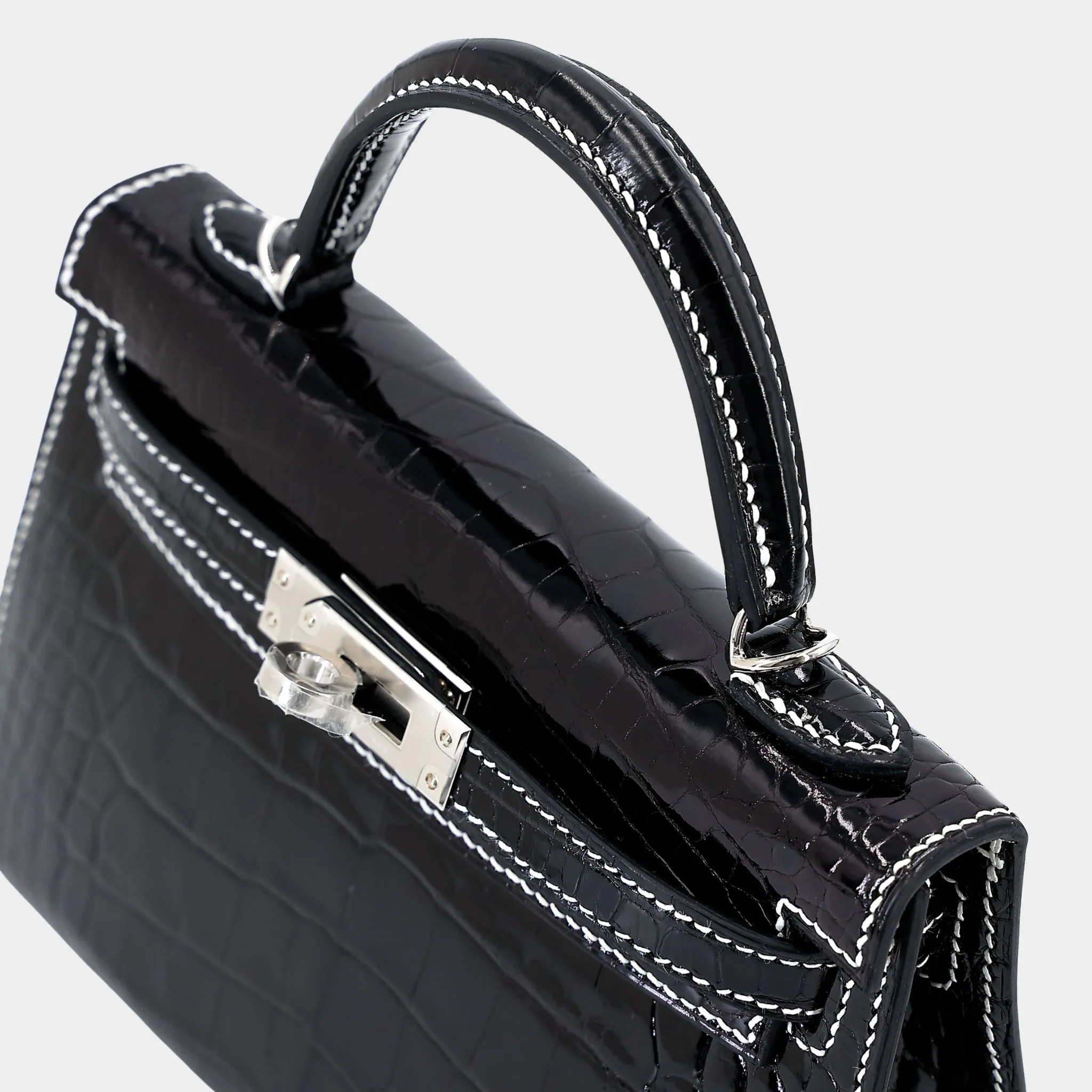 Mini Kelly II White Thread Shiny Alligator Black PHW - Image 3