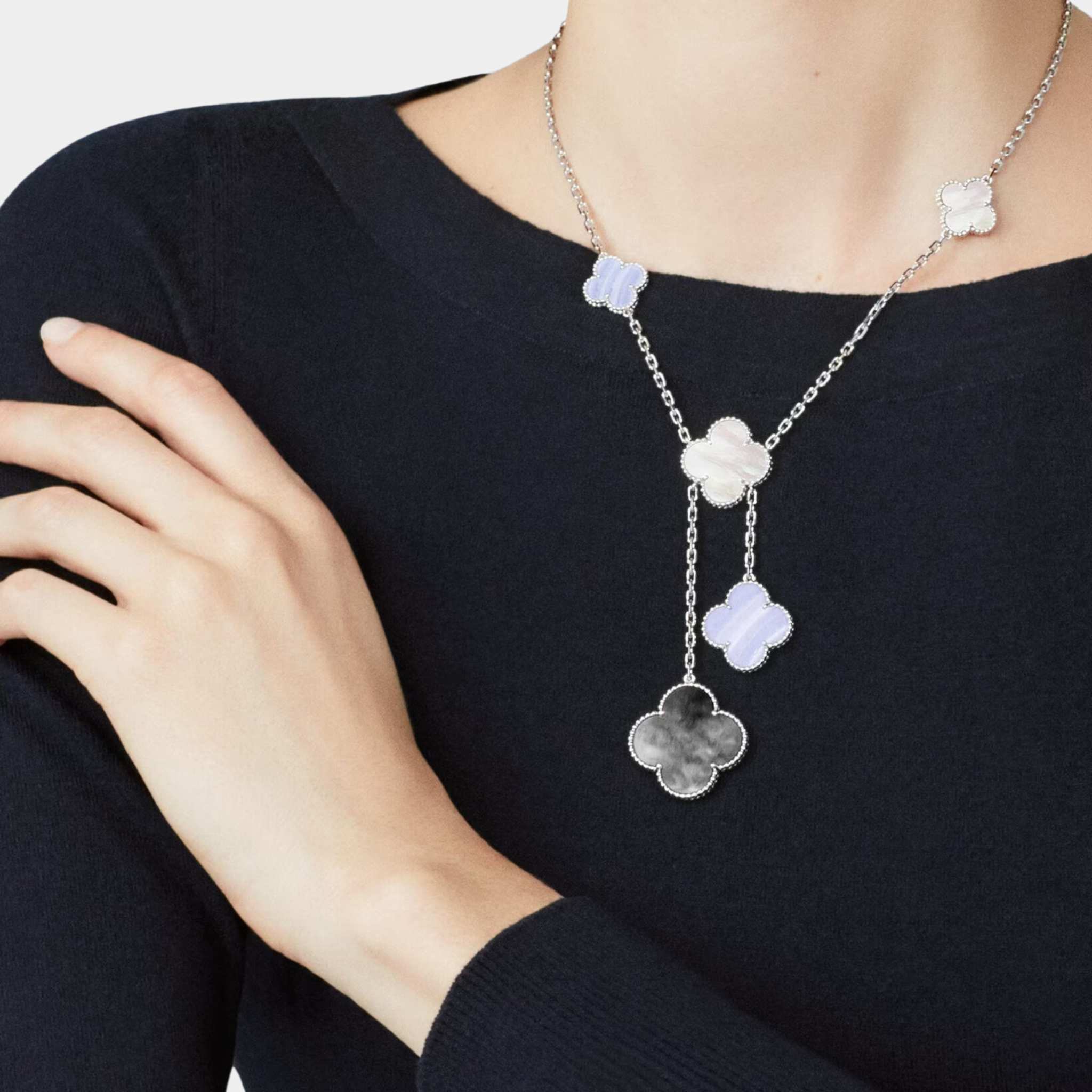 Magic Alhambra Necklace in White Gold Chalcedony & MOP - Image 2