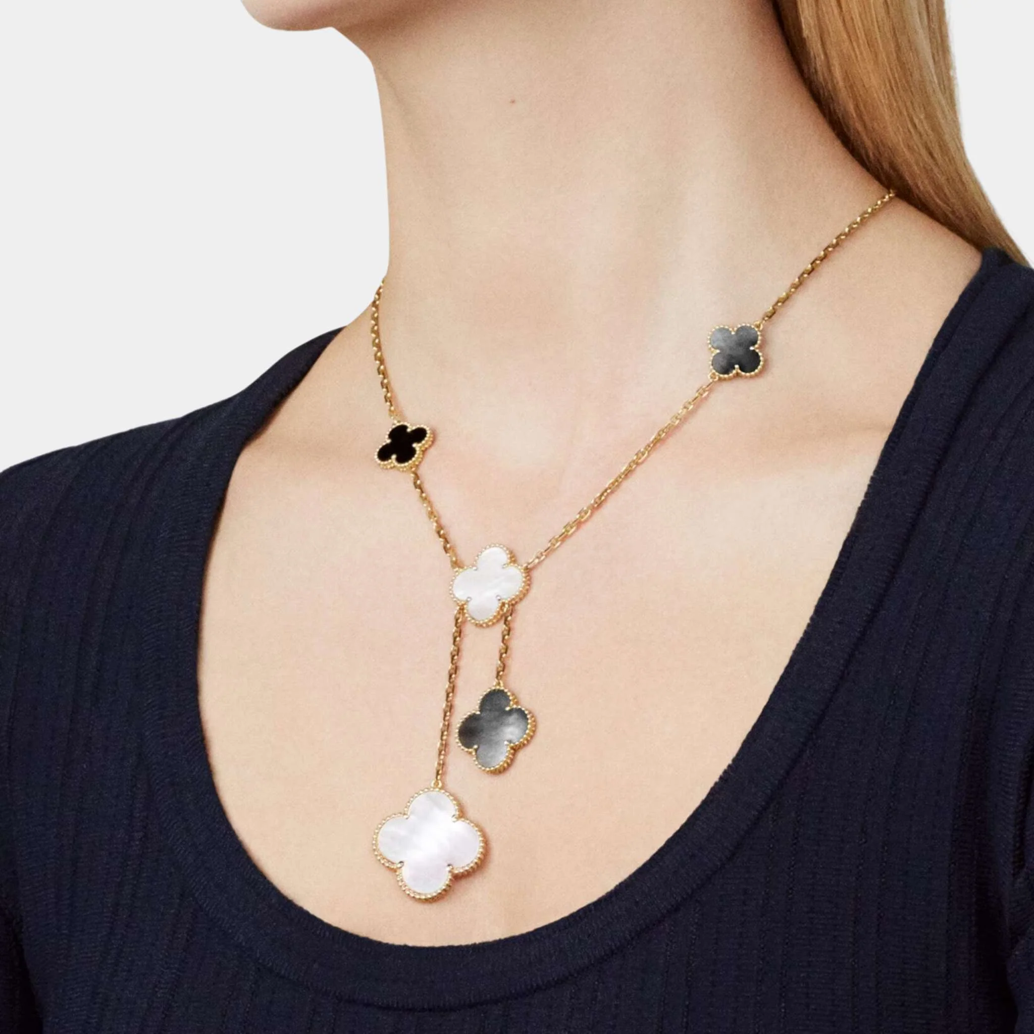Magic Alhambra Necklace 6 Motifs Yellow Gold Mother Of Pearl Onyx - Image 2