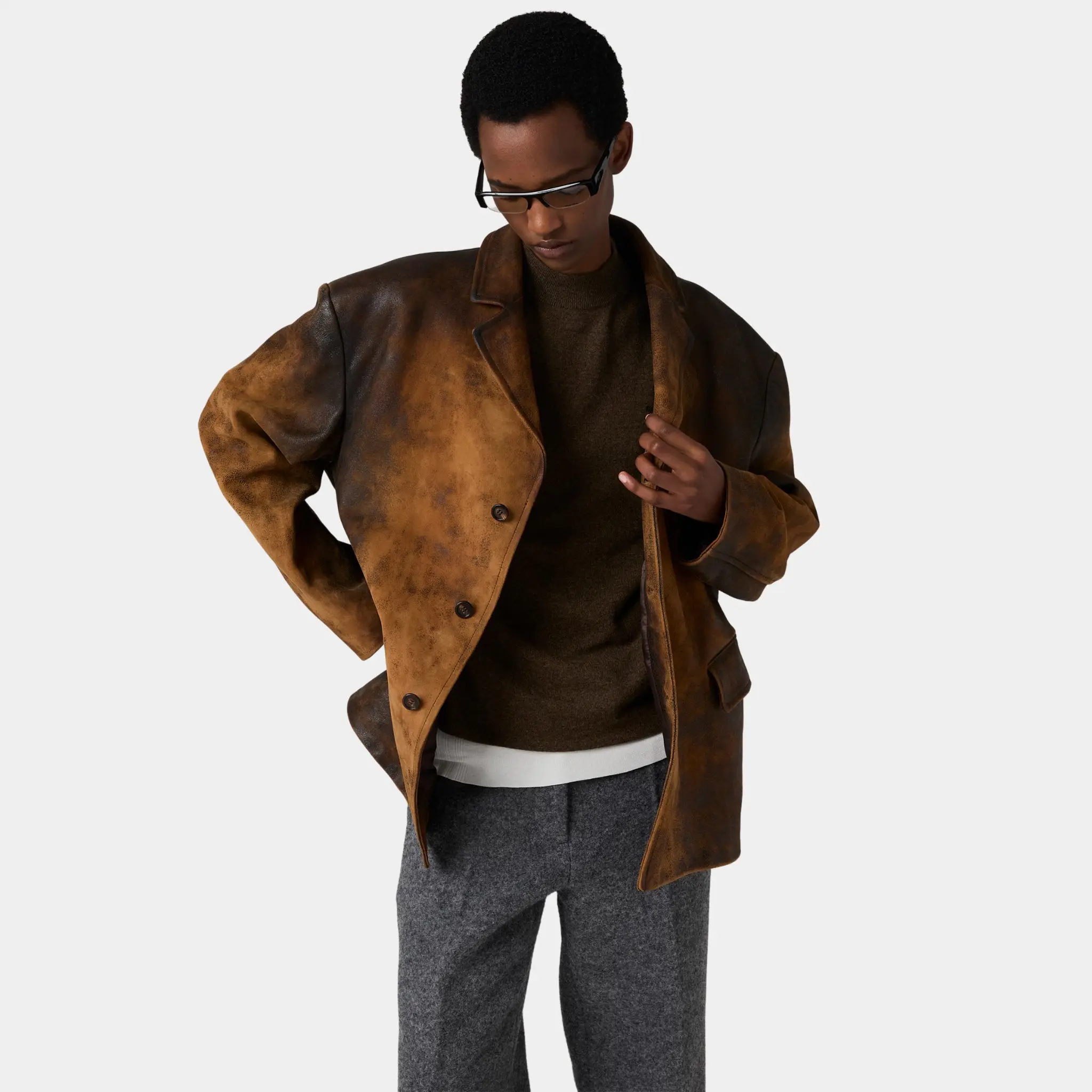 Waxed Suede Leather Buttoned Jacket - Image 5
