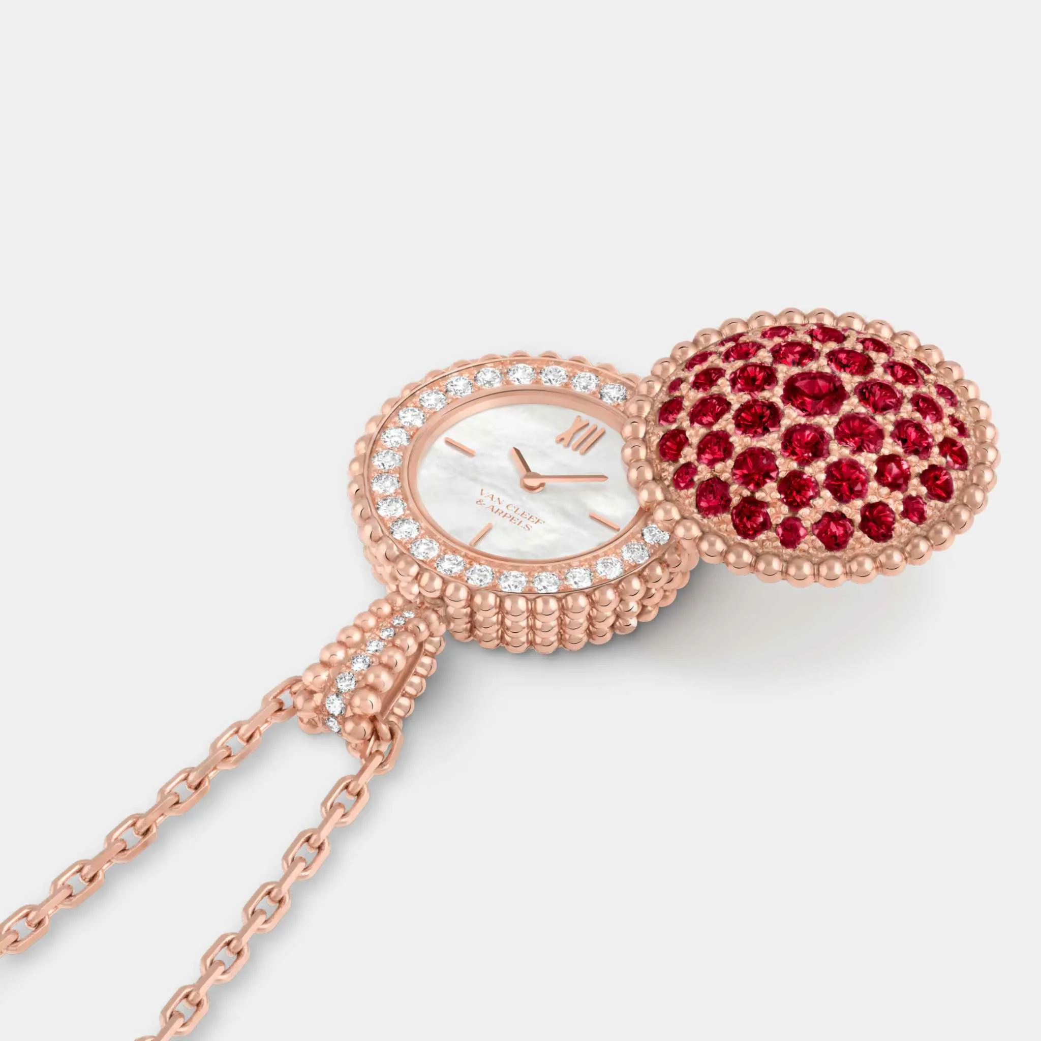 Perlée Secret Pendant Watch Rose Gold Diamond Mother Of Pearl Ruby