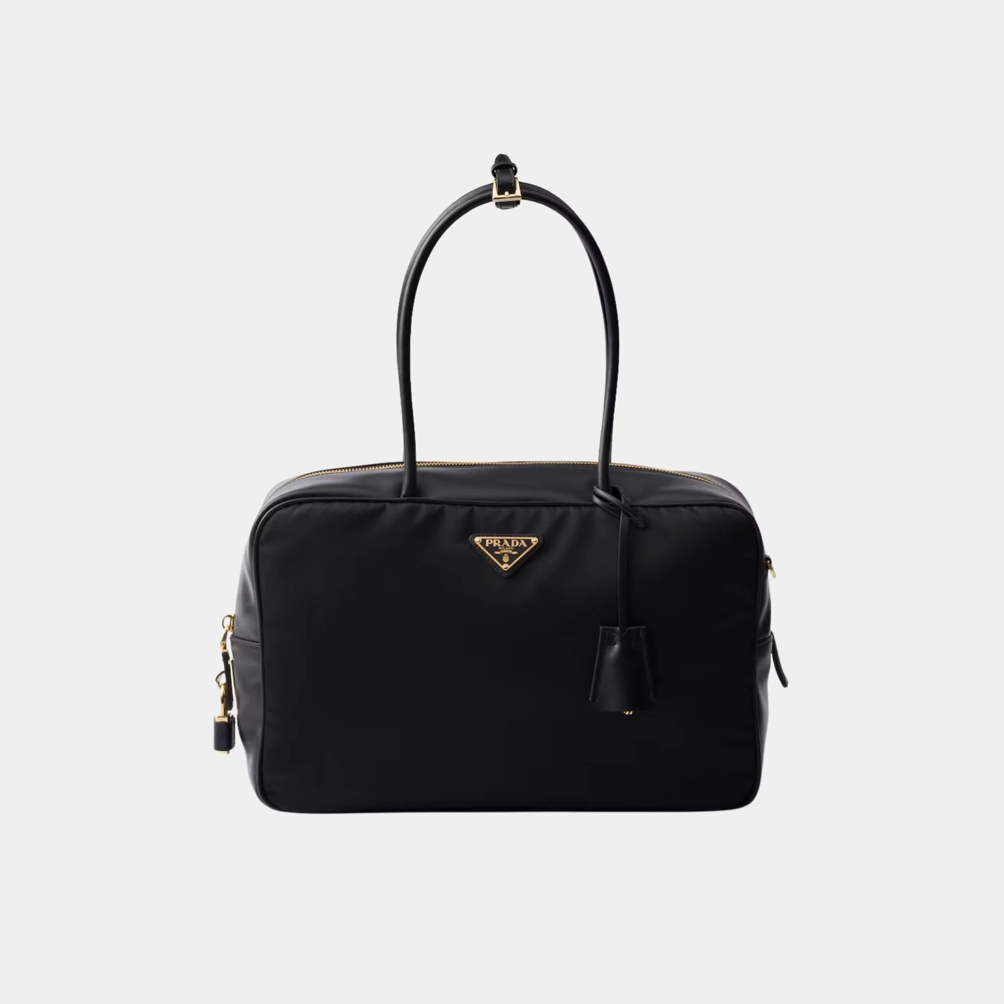 Large Re-Nylon And Leather Top Handle Bag With Padlock