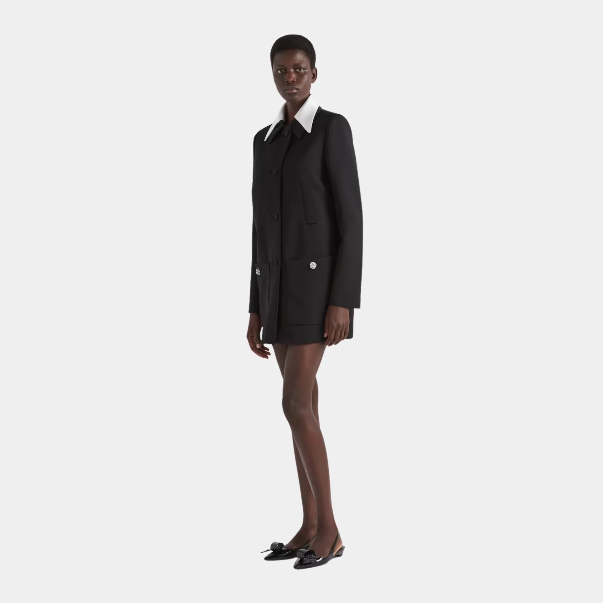 Singled-breasted Wool Sateen Coat with Collar - Image 2