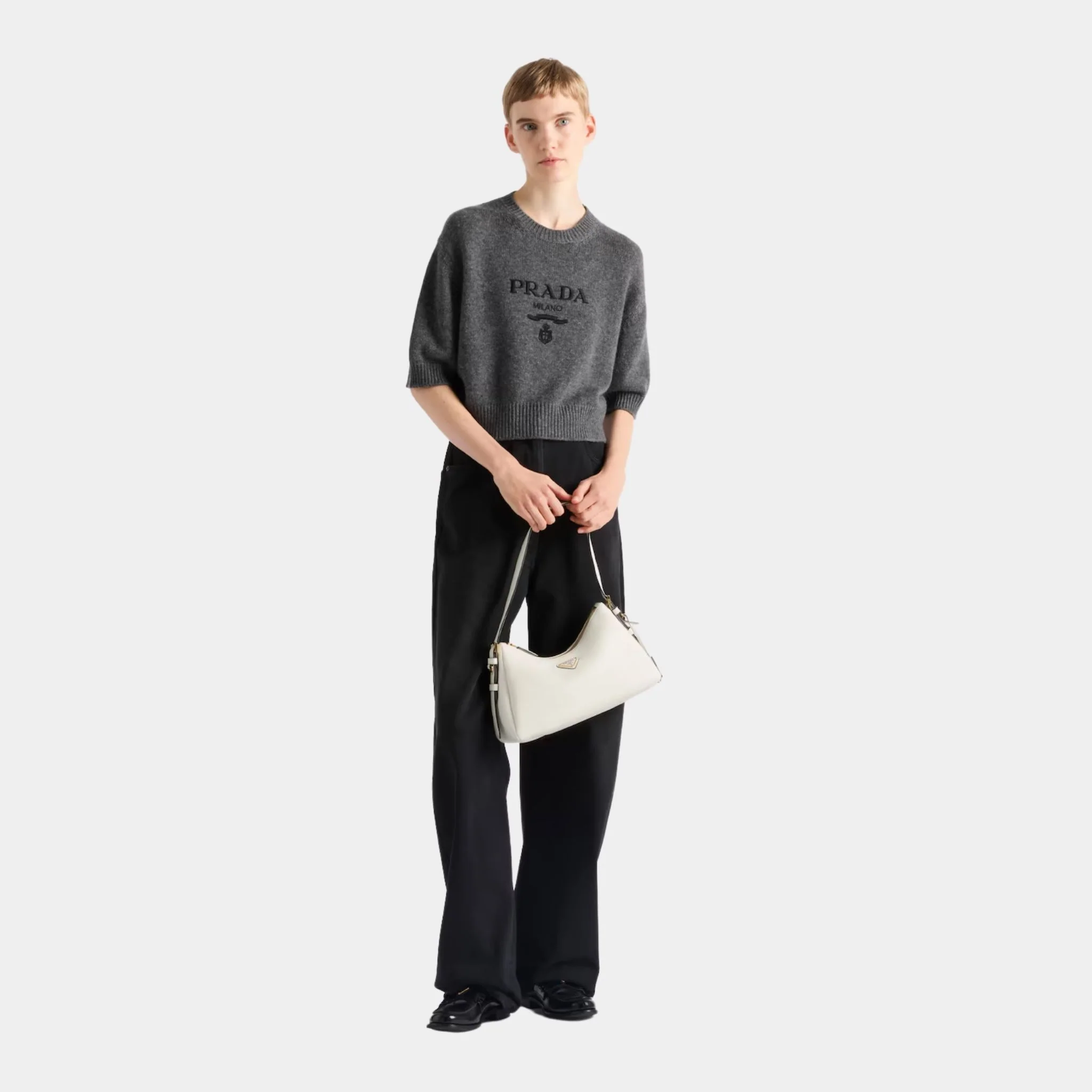 Slate Gray Wool Cashmere Crew-neck Short Sleeved Sweater - Image 2