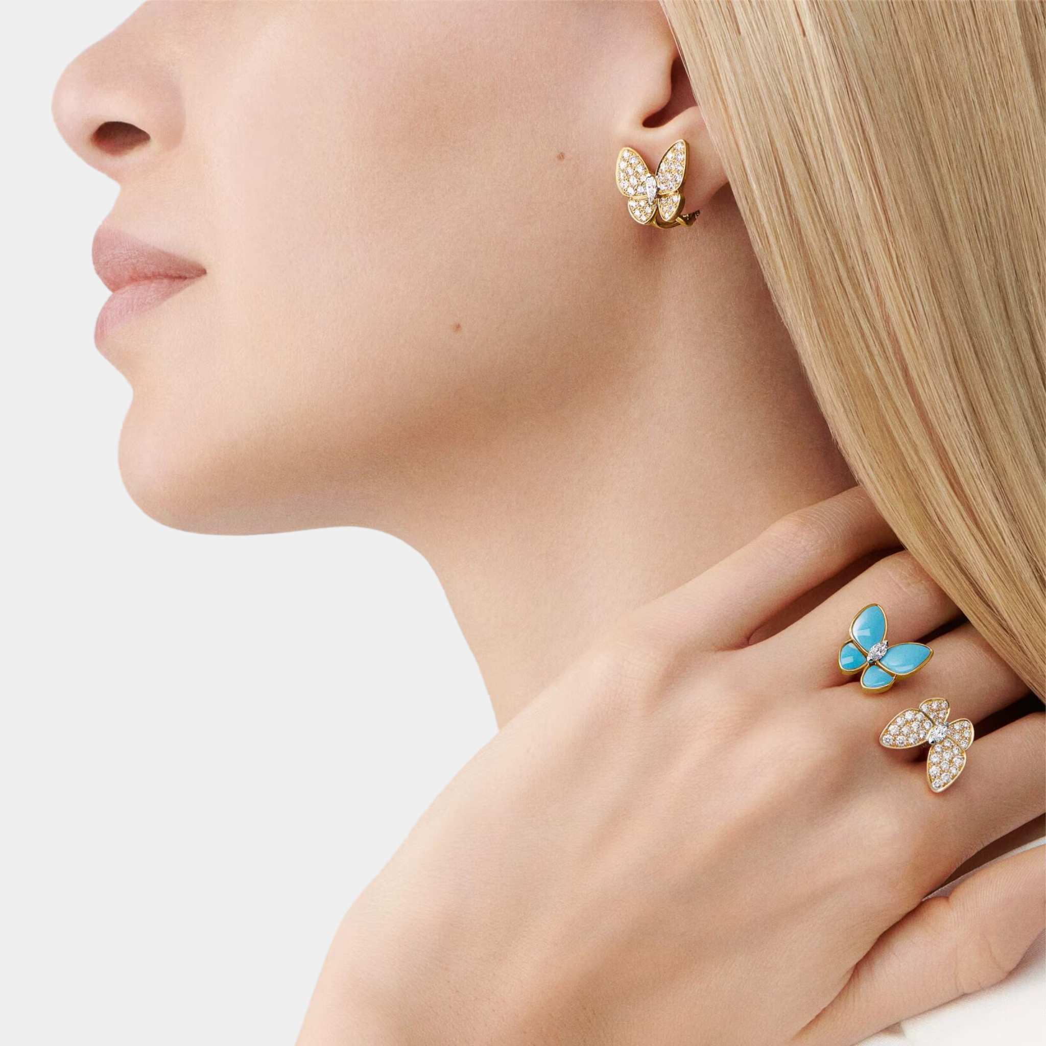 Two Butterfly Between The Finger Ring Yellow Gold Diamond Turquoise - Image 2