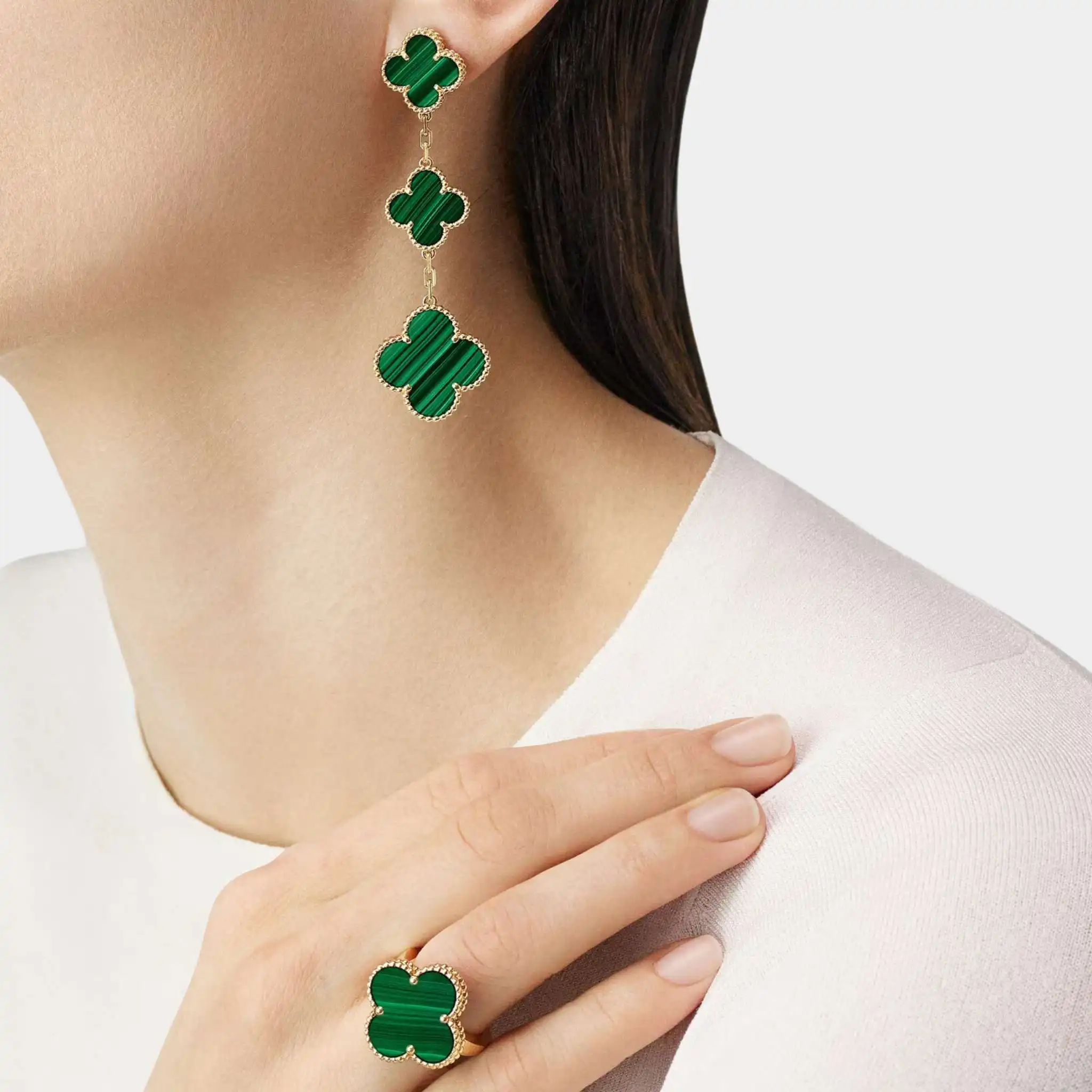 Magic Alhambra Earrings 3 Motifs Gold Malachite - Image 2