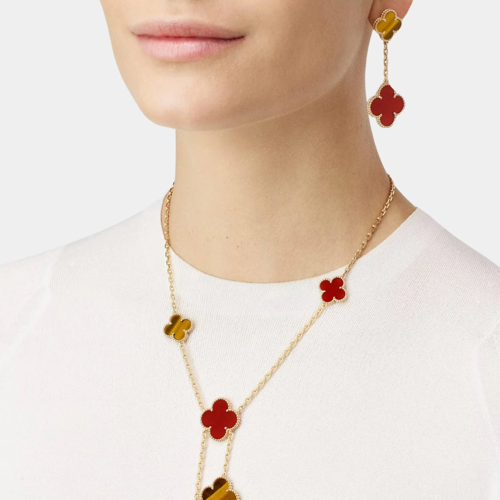 Magic Alhambra earrings 2 Motifs Yellow Gold Carnelian Tiger Eye - Image 2