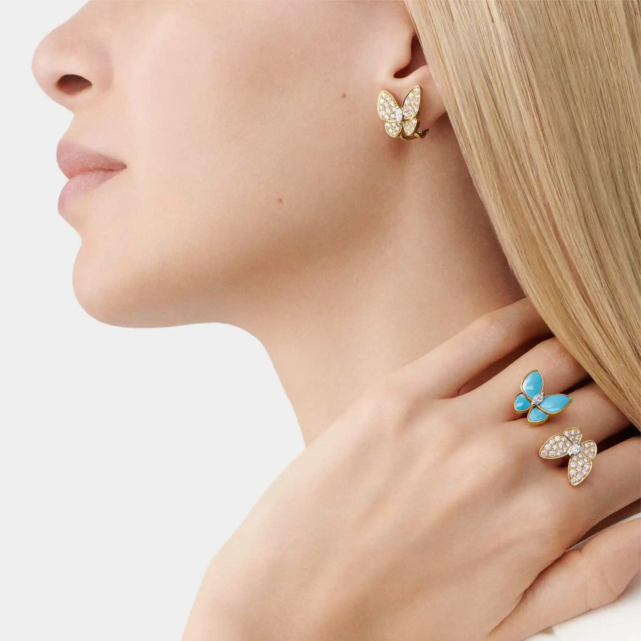 Two Butterfly Earrings Gold Diamond Turquoise - Image 2