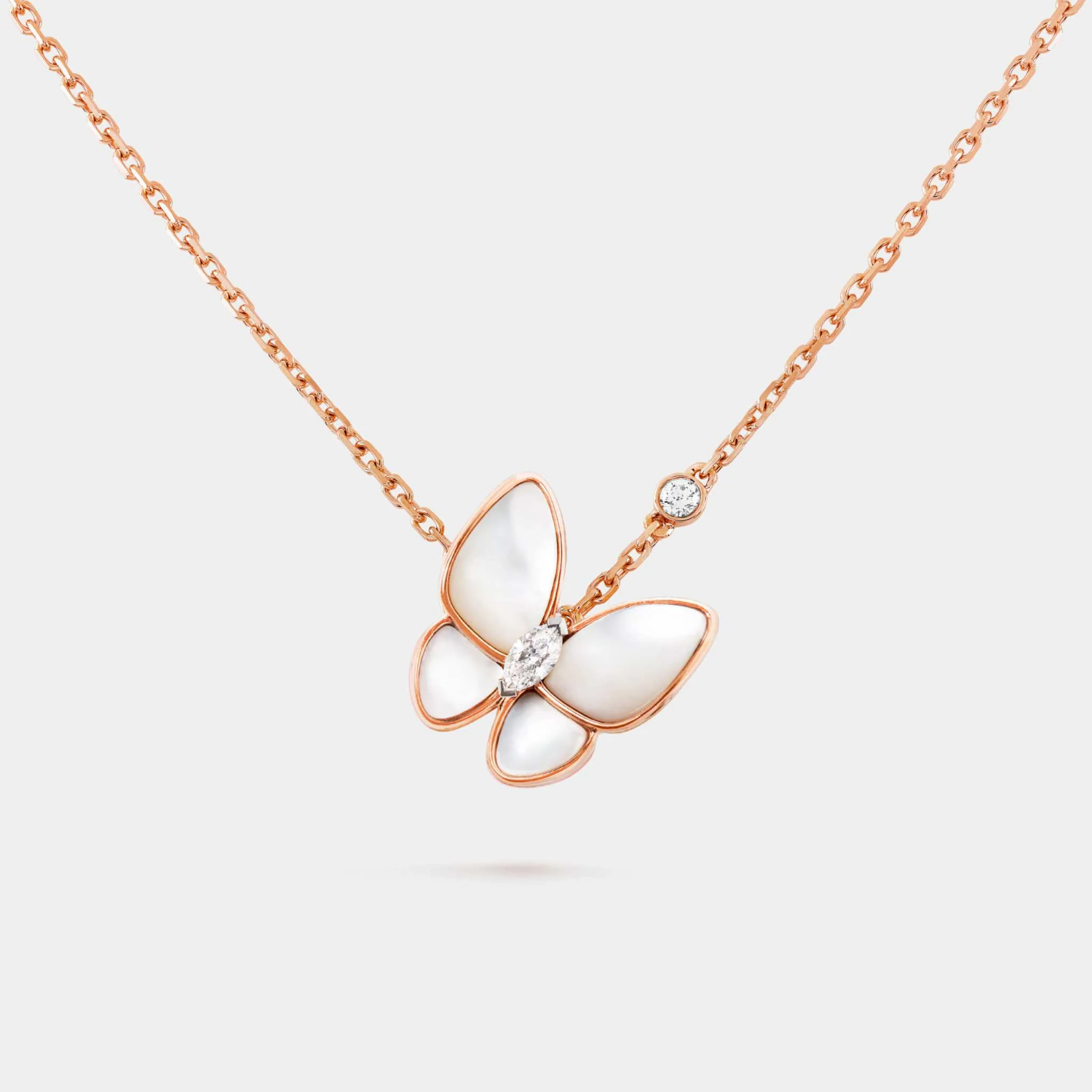 Two Butterfly Pendant in Rose Gold Diamond & Pearl