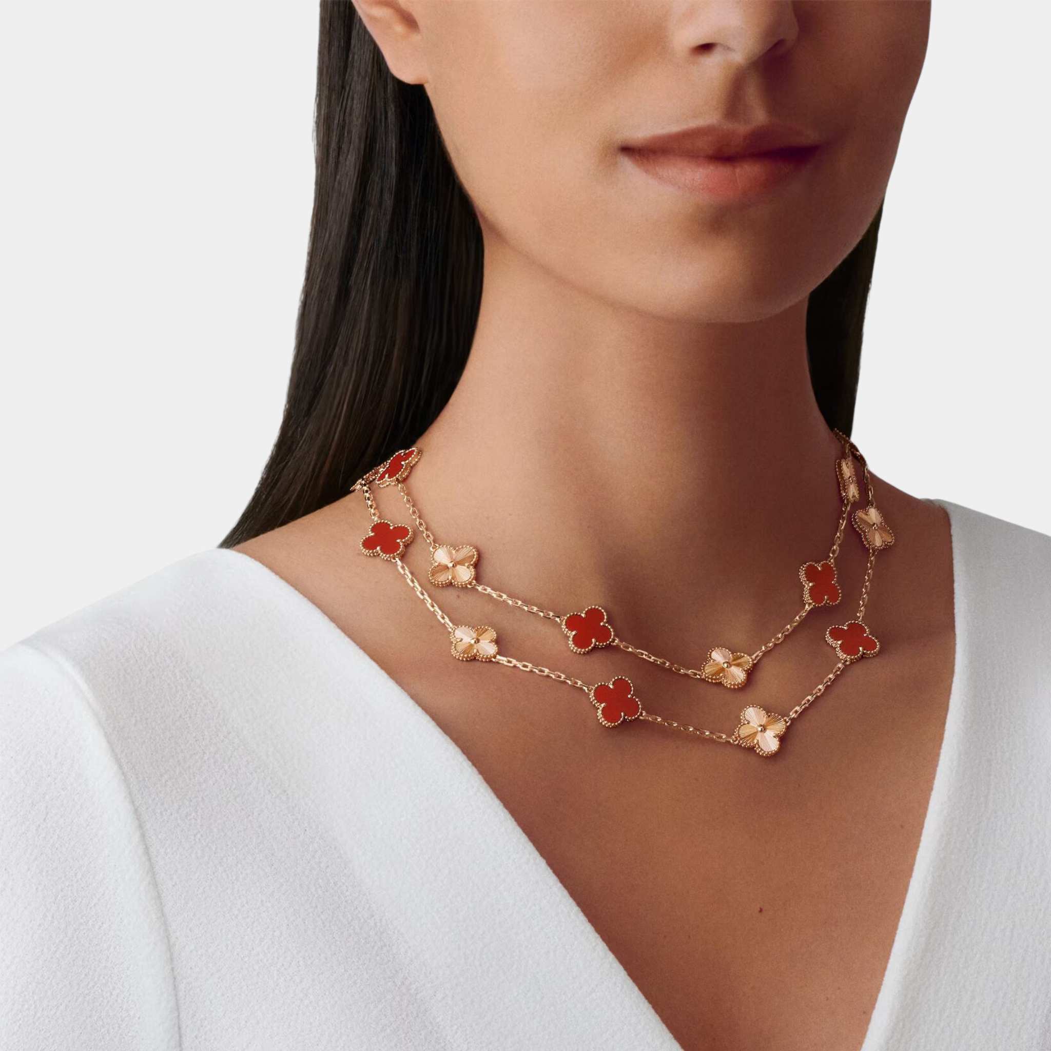 Vintage Alhambra Long Necklace 20 Motifs Rose Gold Carnelian - Image 2