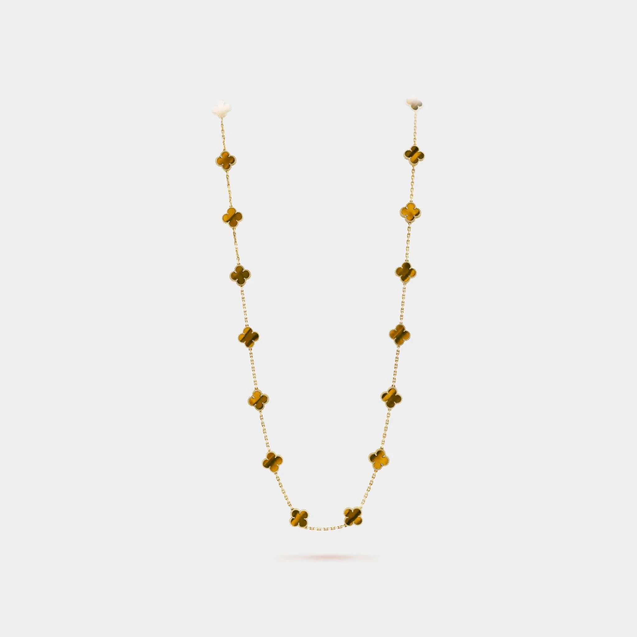 Vintage Alhambra Long Necklace 20 Motifs Yellow Gold Tiger Eye