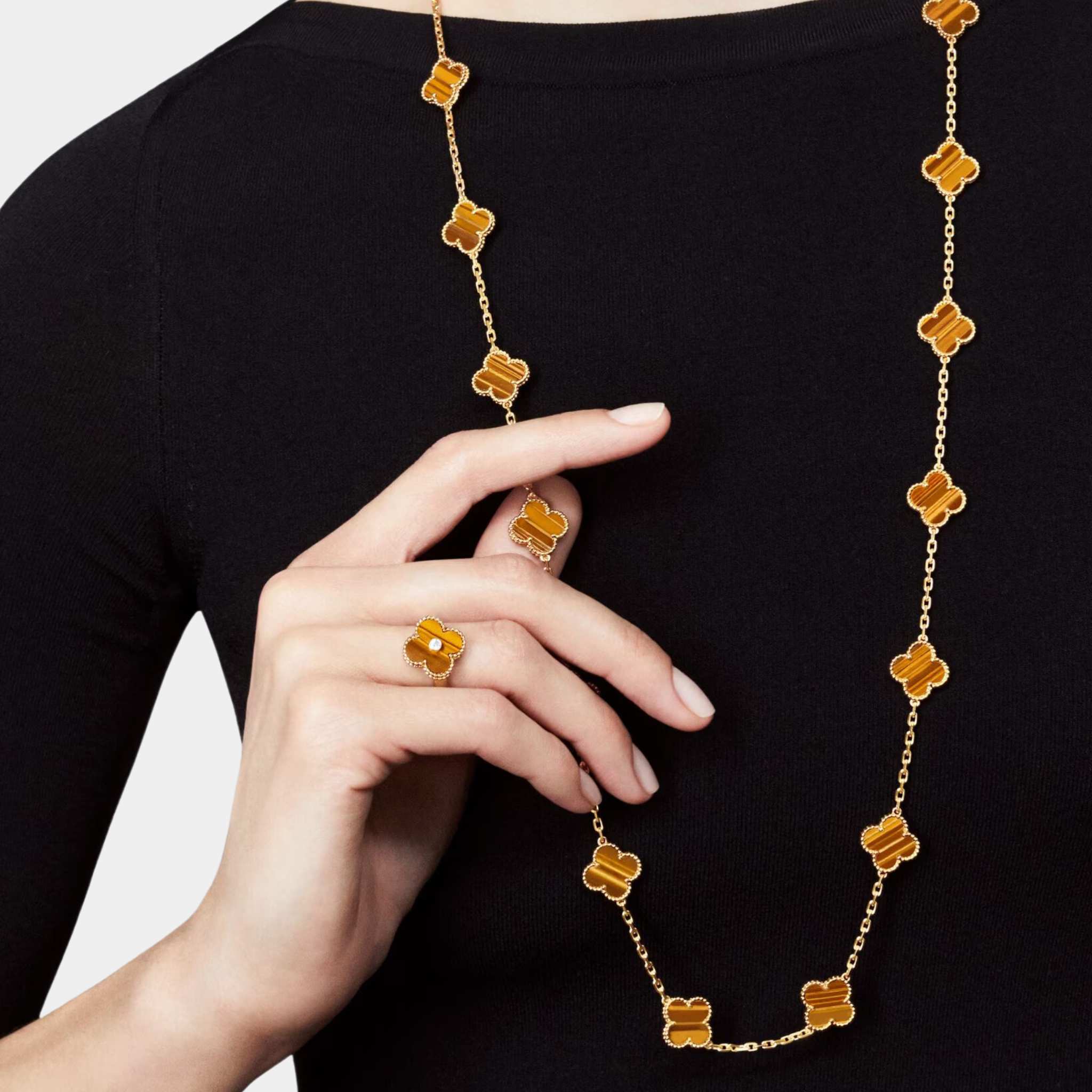 Vintage Alhambra Long Necklace 20 Motifs Yellow Gold Tiger Eye - Image 2